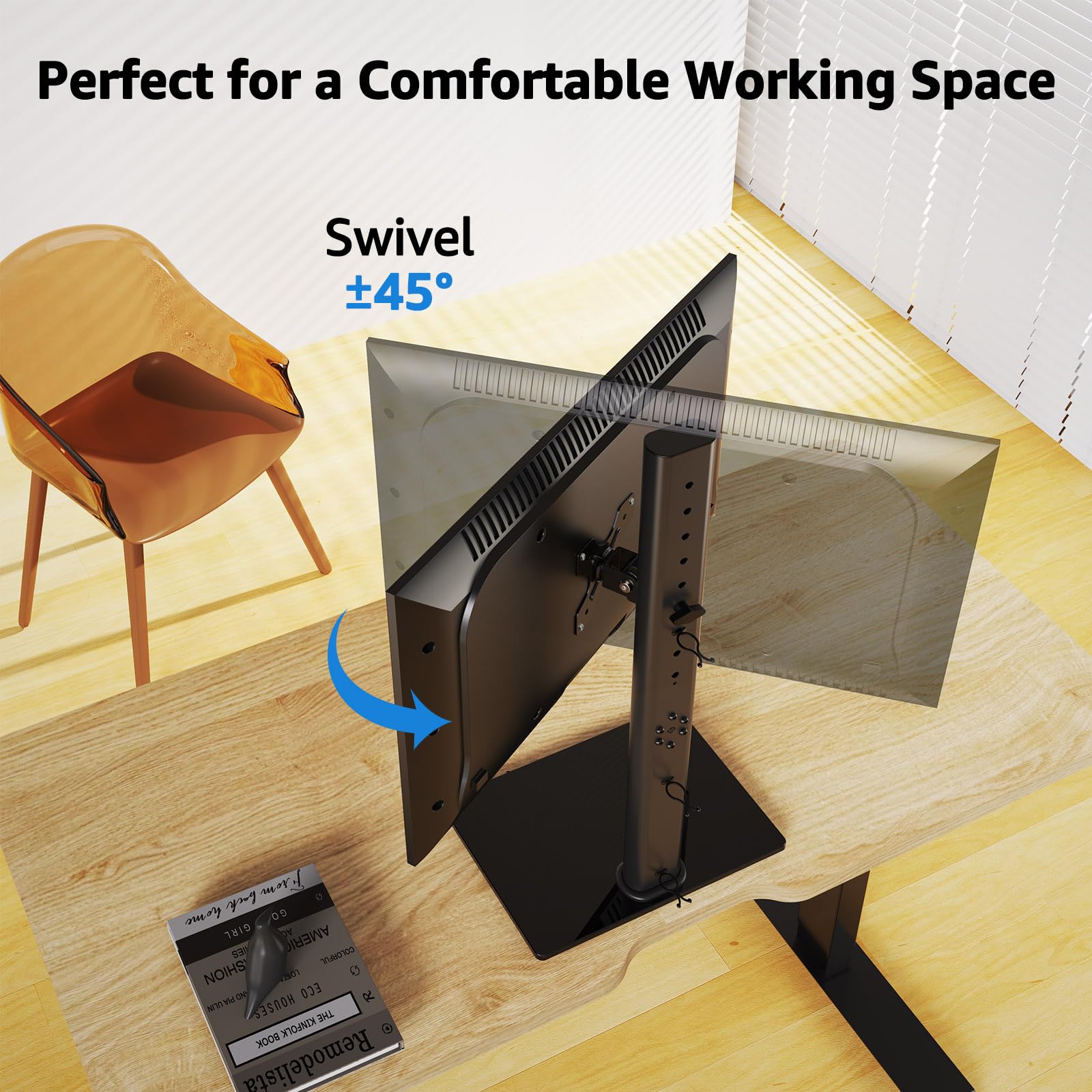 MOUNTUP Vertical Monitor Stand for Max 42 inch 26.4 lbs Computer Screen, Freestanding Single Ultrawide Monitor Mount for Desk, 28.35" Height Adjustable, Rotate VESA Mount, Strong Tempered Glass Base