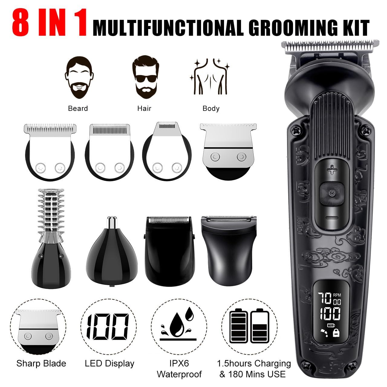 Hatteker Beard Trimmer Mustache Trimmer for Men 8 in 1 Adjustable Speed Waterproof Hair Clipper T-Blade Trimmer Electic Razor Shavers Cordless Mens Gift Grooming Kit with Face Nose Body (Black)