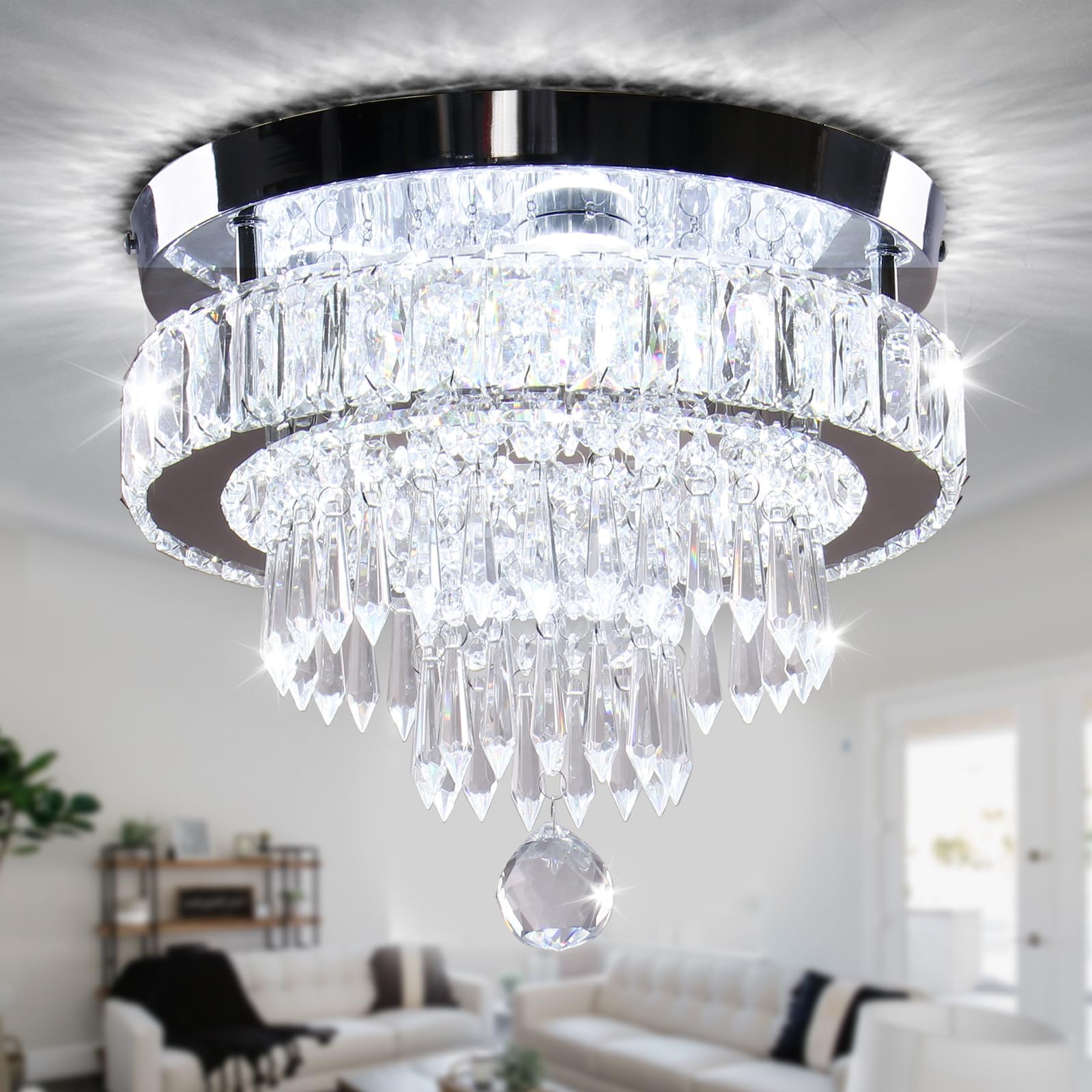 Cainjiazh Chandelier 11.8" Modern Crystal Chandeliers Crystal Light Fixtures Flush Mount Chandelier Ceiling Light Chandeliers for Bedrooms Living Room Dining Room Hallway (Cool White)