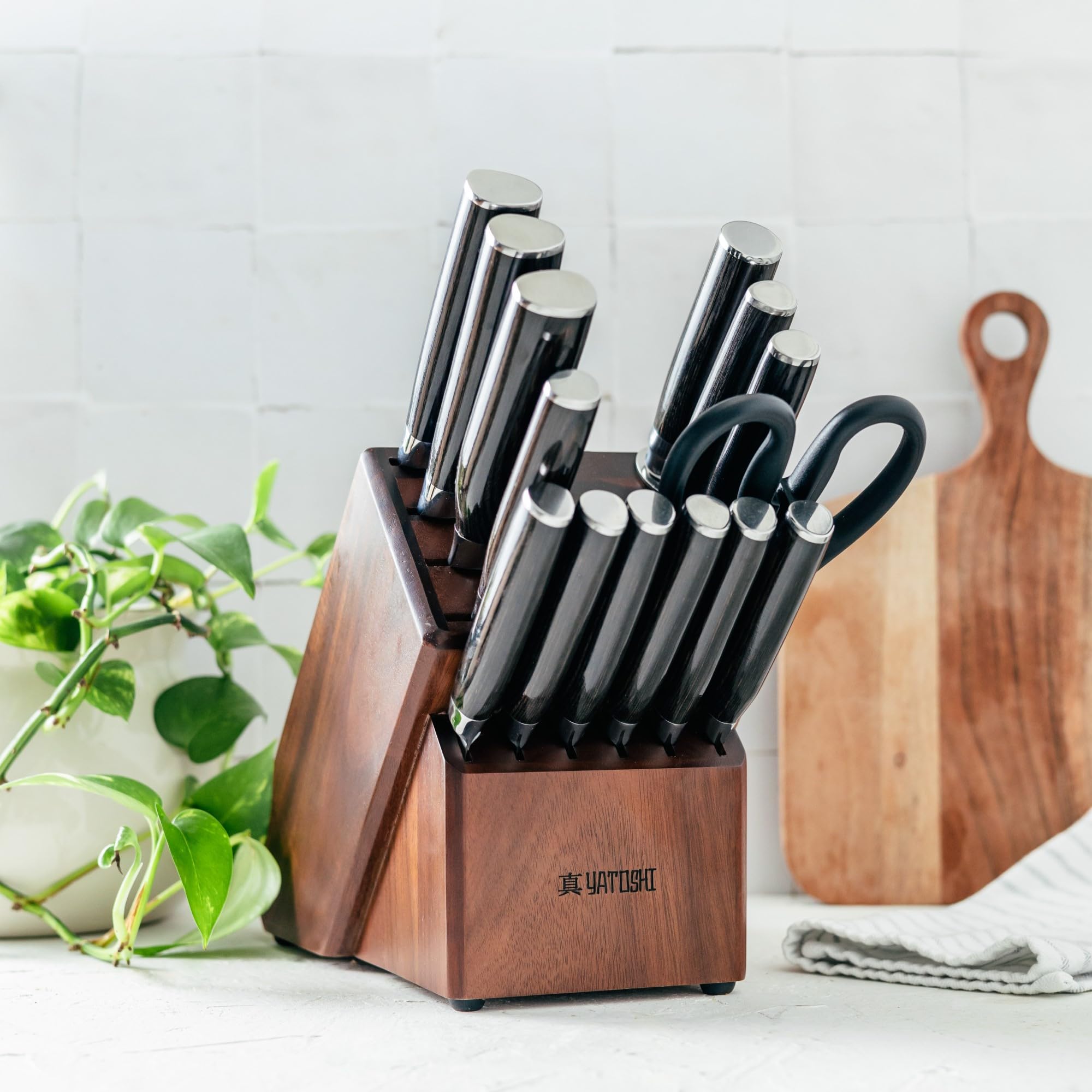 Yatoshi 15 Piece Knife Block Set - Pro Kitchen Knife Set Ultra Sharp High Carbon Stainless Steel with Ergonomic Handle