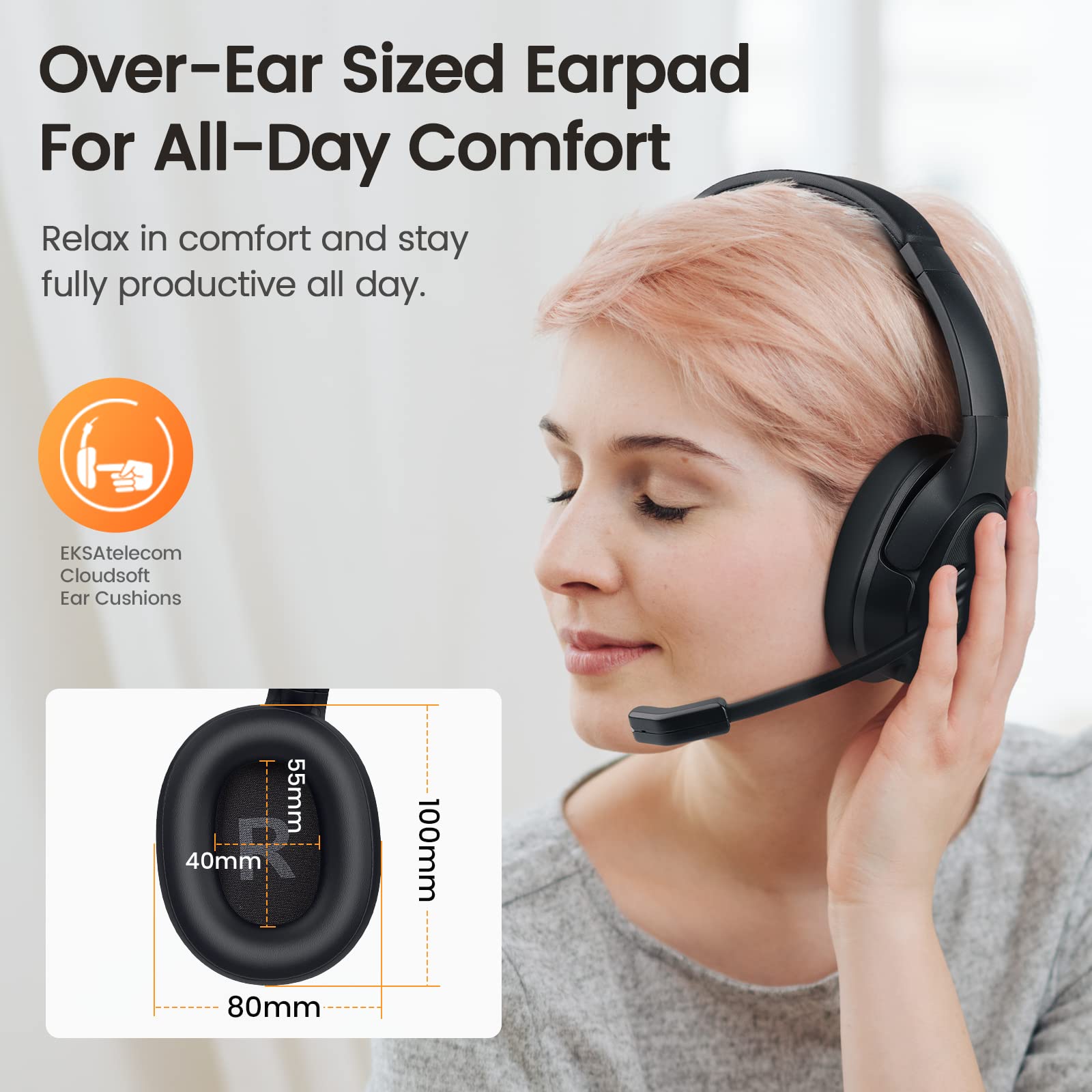 EKSA Wireless Headset with Mic for Work, Bluetooth 5.0 Headset with AI-Powered Noise Cancelling Microphone - Bluetooth Wireless Headphones with Mic for Work/PC/Laptop/Computer/Office/Zoom