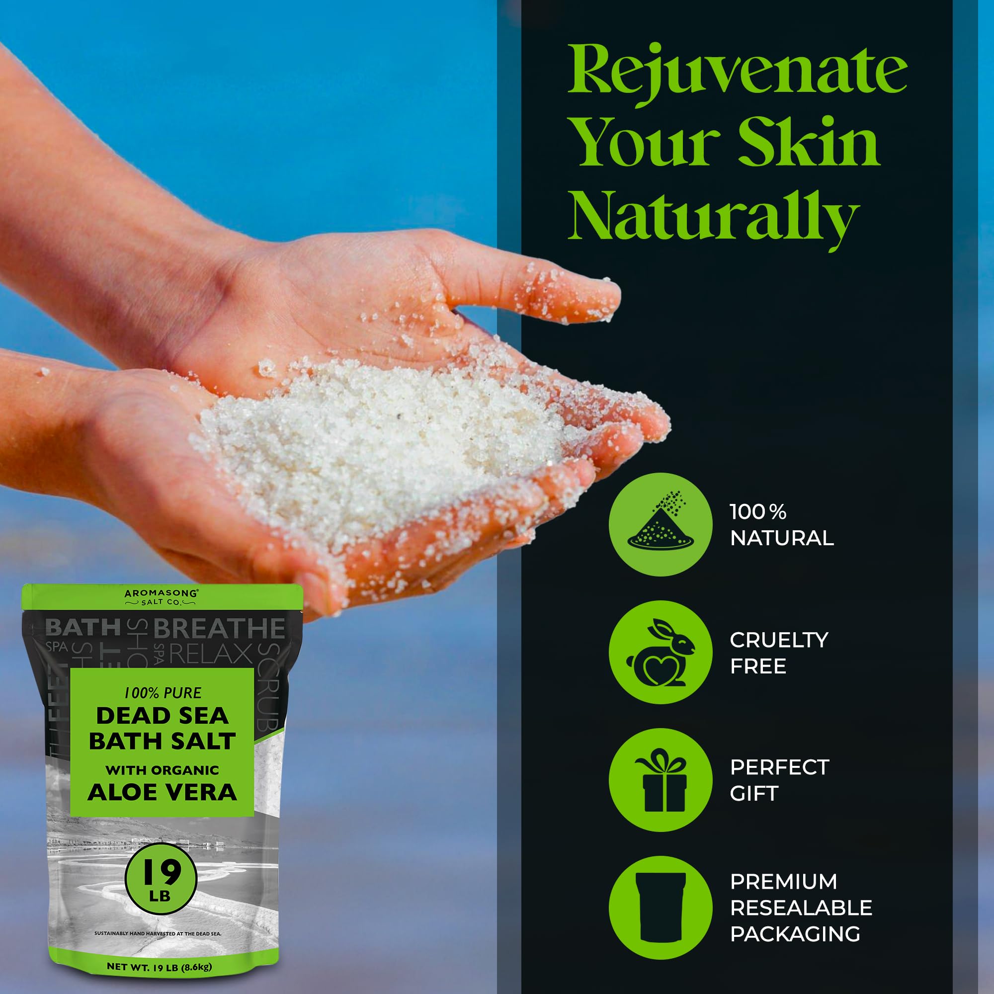 Aromasong Organic Aloe Vera Dead Sea Salt 19 lb + Muscle Recovery Bath Soak 3 lb Bundle – Soothing Skin Hydration, Muscle Relief & Post-Workout Recovery with Pure Minerals & OptiMSM