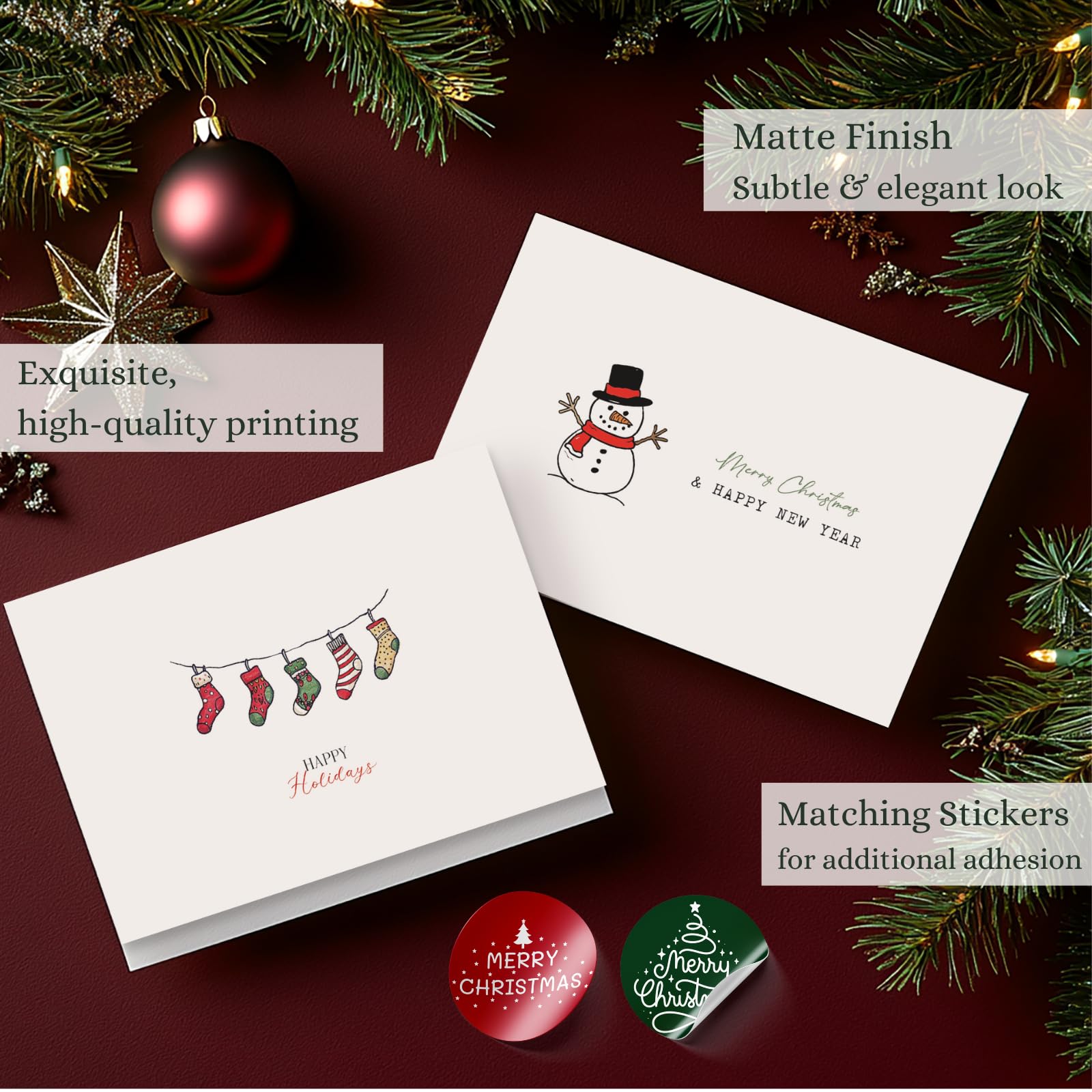 Paper Play Merry Christmas Cards with Envelopes, Set of 20 Adorable Christmas Cards Bulk Pack - 4x6 Inches Bulk Christmas Cards with Envelopes & Matching Stickers, Smudge-resistant Heavy Duty Cardstock