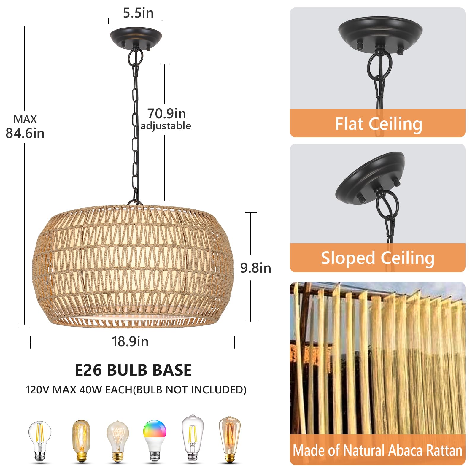 Rattan Farmhouse Chandelier Light Fixtures, 5-Lights Boho Large Pendant Light,Hand Woven Chandeliers for Dining Room with Fabric Shade,Rustic Chandeliers Hanging Light Fixtures for Kitchen Island