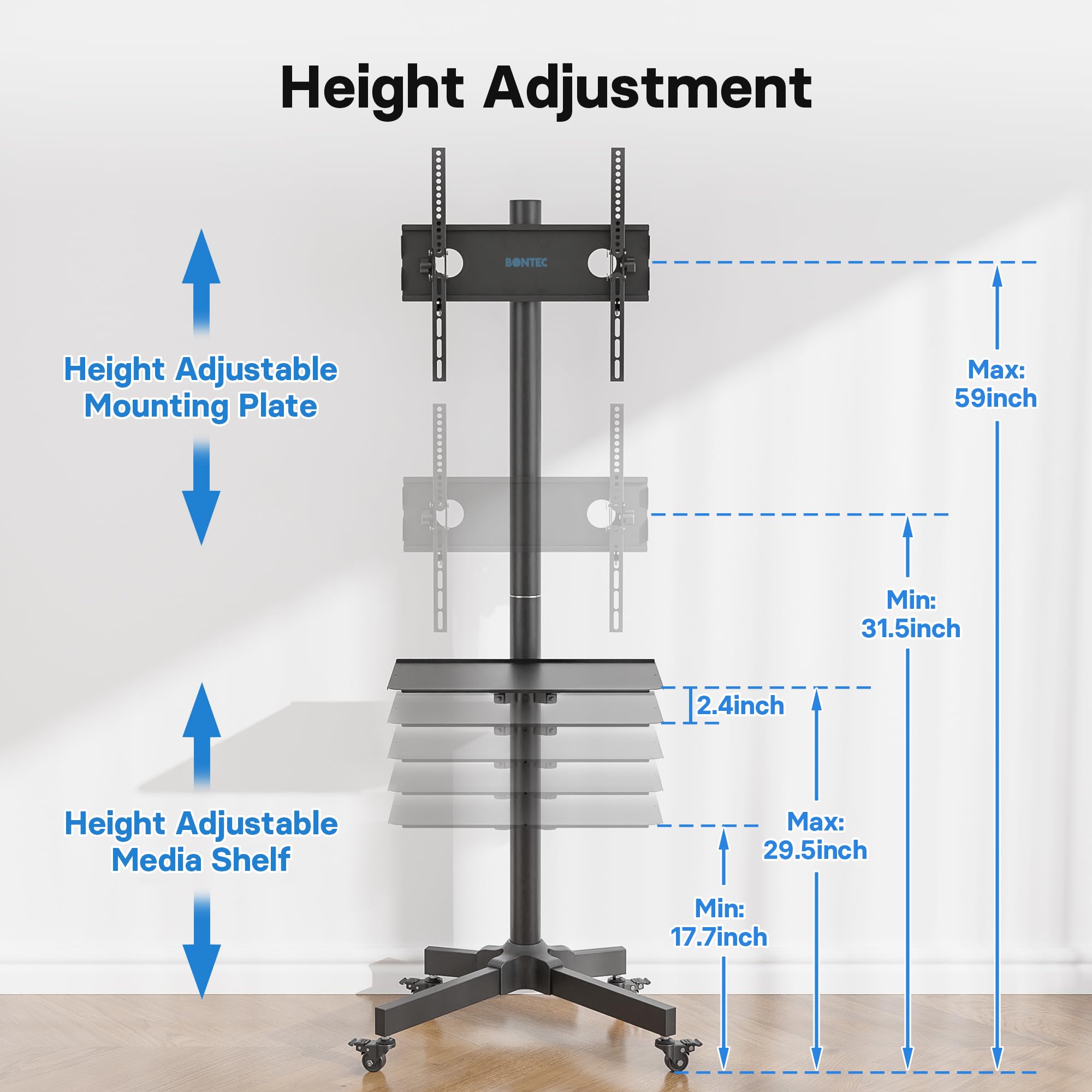 BONTEC Mobile TV Stand with Tilt, Rolling TV Stand Fits 23-60" LED, LCD, OLED, Flat Curved TVs Up to 88 lbs, Height Adjustable TV Cart with Laptop Shelf, Max VESA 400x400mm