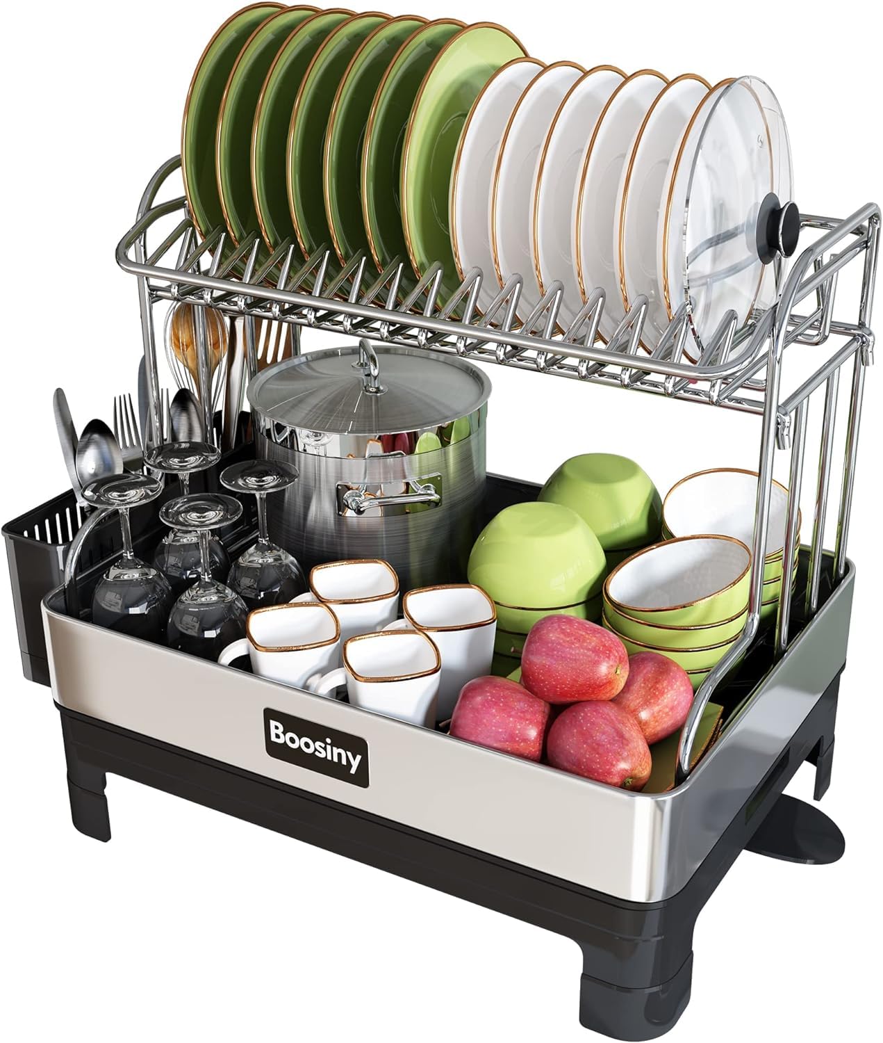 BOOSINY Stainless Steel Dish Drying Rack, Extra Large Dish Racks for Kitchen Counter, 2 Tier Dish Drainer and Drainboard Set with Swivel Spout, Full Size Dish Rack with Utensil Holder, Black