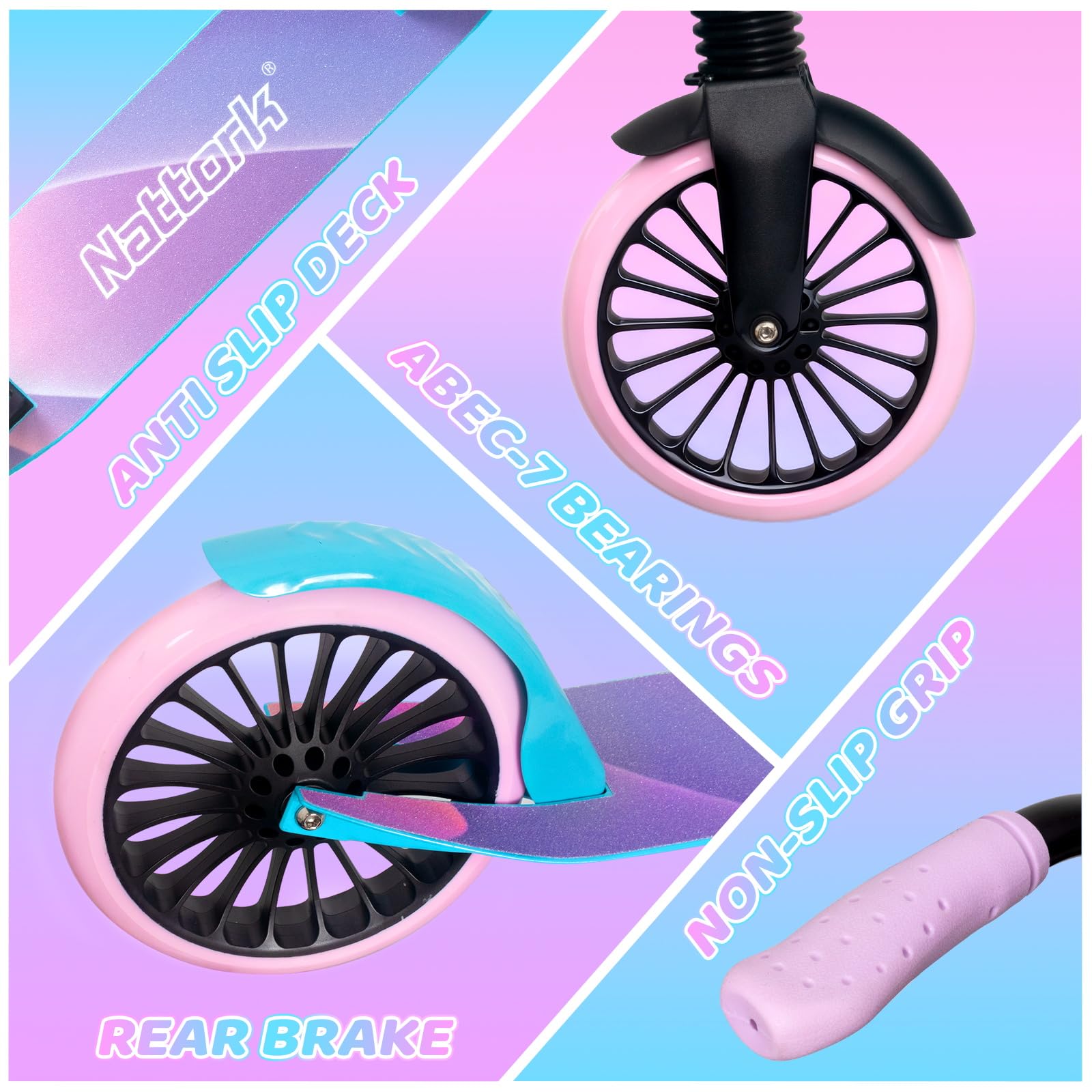 Nattork Kick Scooter for Teens Adults, Max Load 240 LBS, Adjustable Height Foldable with 8" Large Wheels, Anti-Shock Suspension Blue