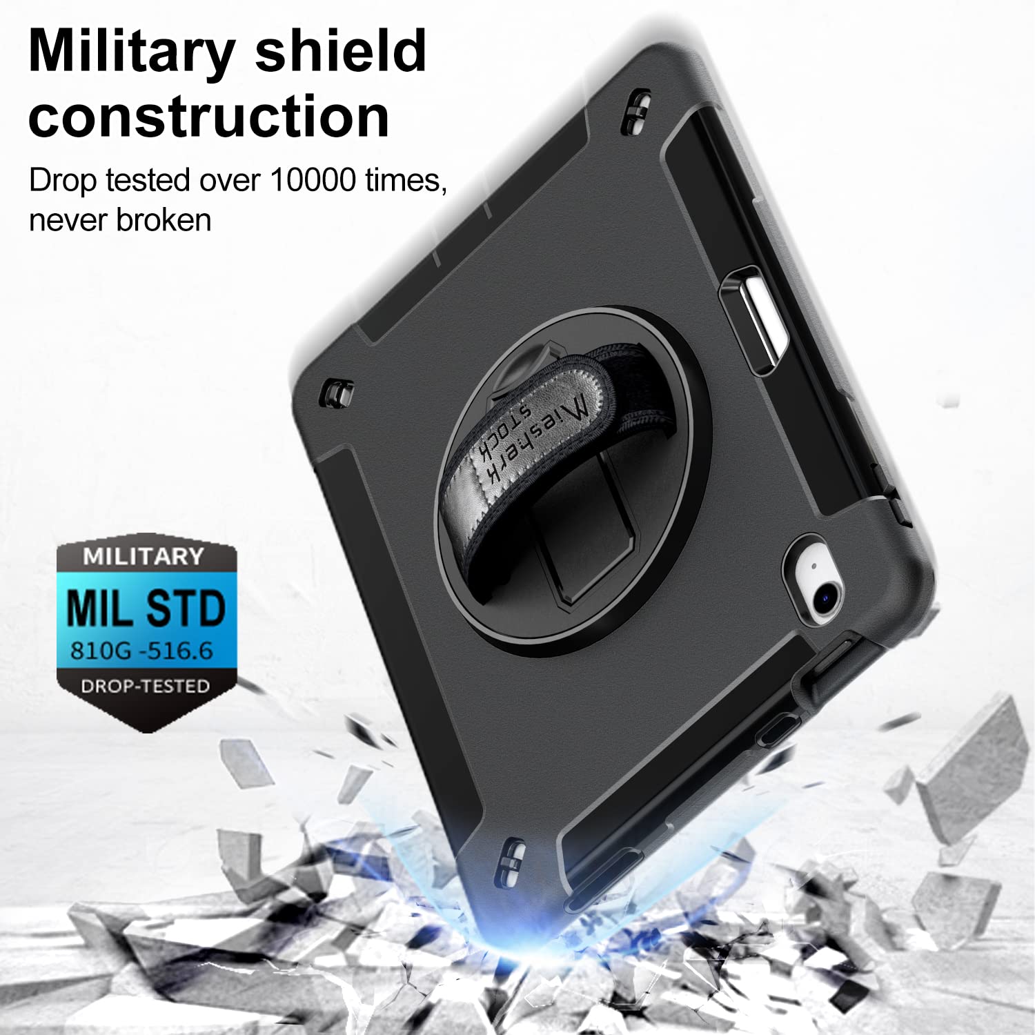 Case for iPad 10th Generation 2022:Miesherk Stock Military Grade Shockproof Rugged Case for iPad 10th Gen 10.9'' W/Screen Protector，Rotate Stand，Handle，Shoulder Strap，Pen Holder （Black）