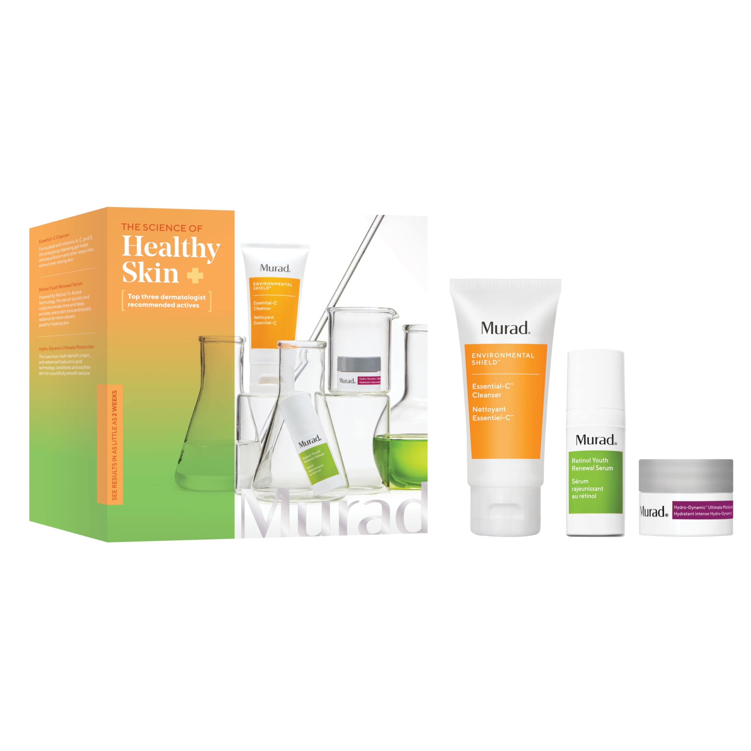 Murad Top 3 Derm-Recommended Actives - 3-Piece Trial Kit ($58 Value) - Daily Skincare Regimen - Ess-C Cleanser 2Fl Oz, Retinol Serum 0.33Fl Oz, Hydro Dynamic Moisturizer 0.25Fl Oz