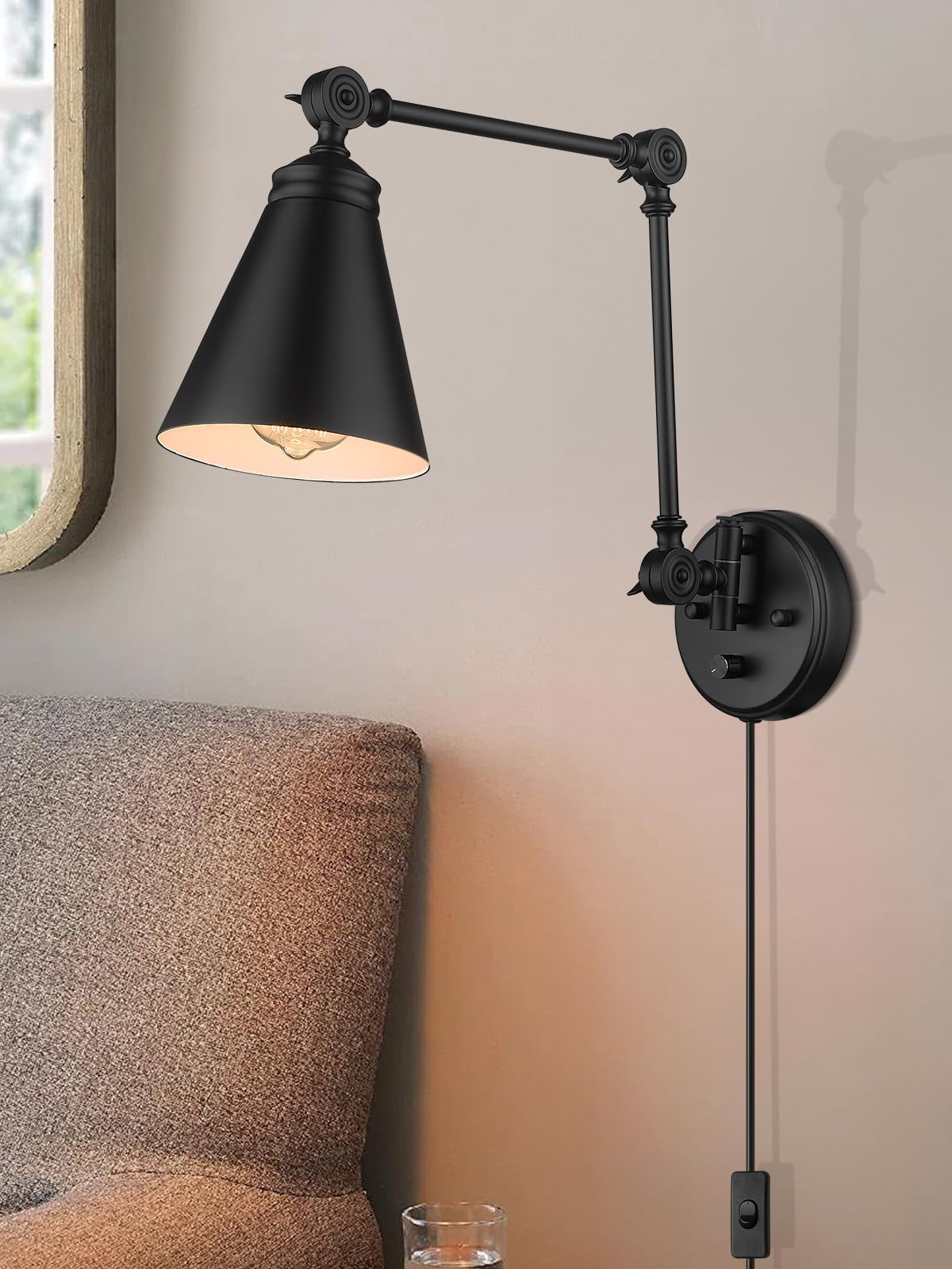 LIROUVET Plug in Wall Sconces Set of Two, Adjustable Swing Arm Wall Lamp, Industrial Sconces Wall Lighting with Dimmable On/Off Switch Plug-in Cord, Black Foldable Wall Light for Bedroom WL02-2PKBK