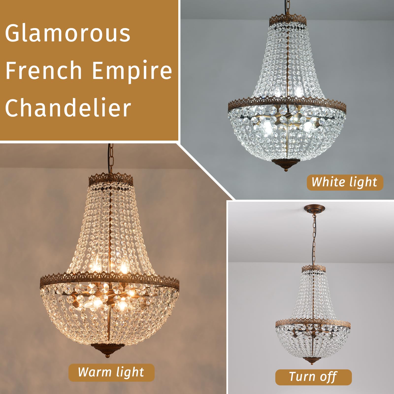 KAIQI 6 Lights French Empire Crystal Chandelier Farmhouse Pendant Lighting, Antique Bronze Ceiling Light Fixture for Dining Room Bedroom Foyer Living Room, D18.5inch x H25.6inch