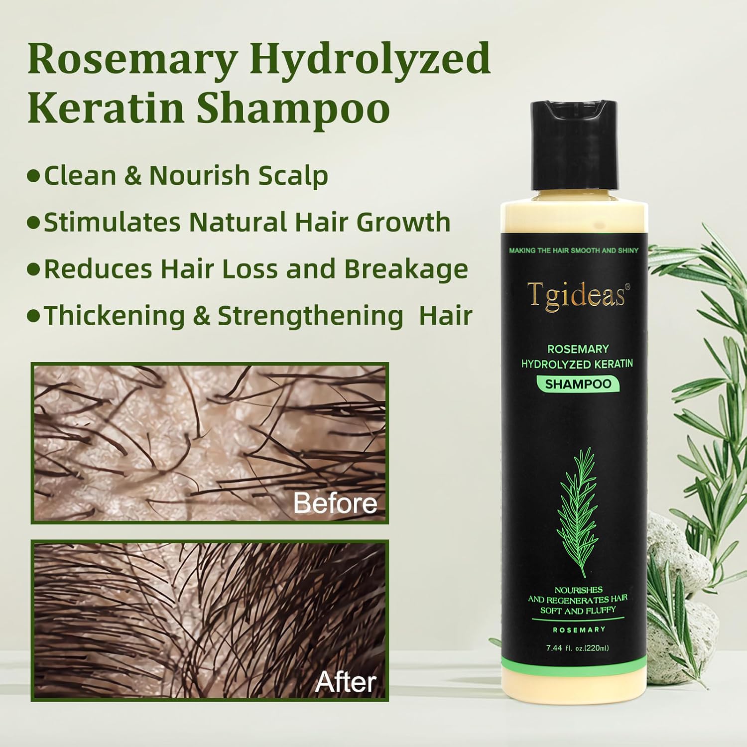 Tgideas Rosemary & Biotin Shampoo for Thinning Hair, Volumizing Shampoo for Fuller, Thicker Hair, Strengthening & Nourishing Formula with Root Lift, Gentle Daily Care for Women & Men (7.4 fl oz)