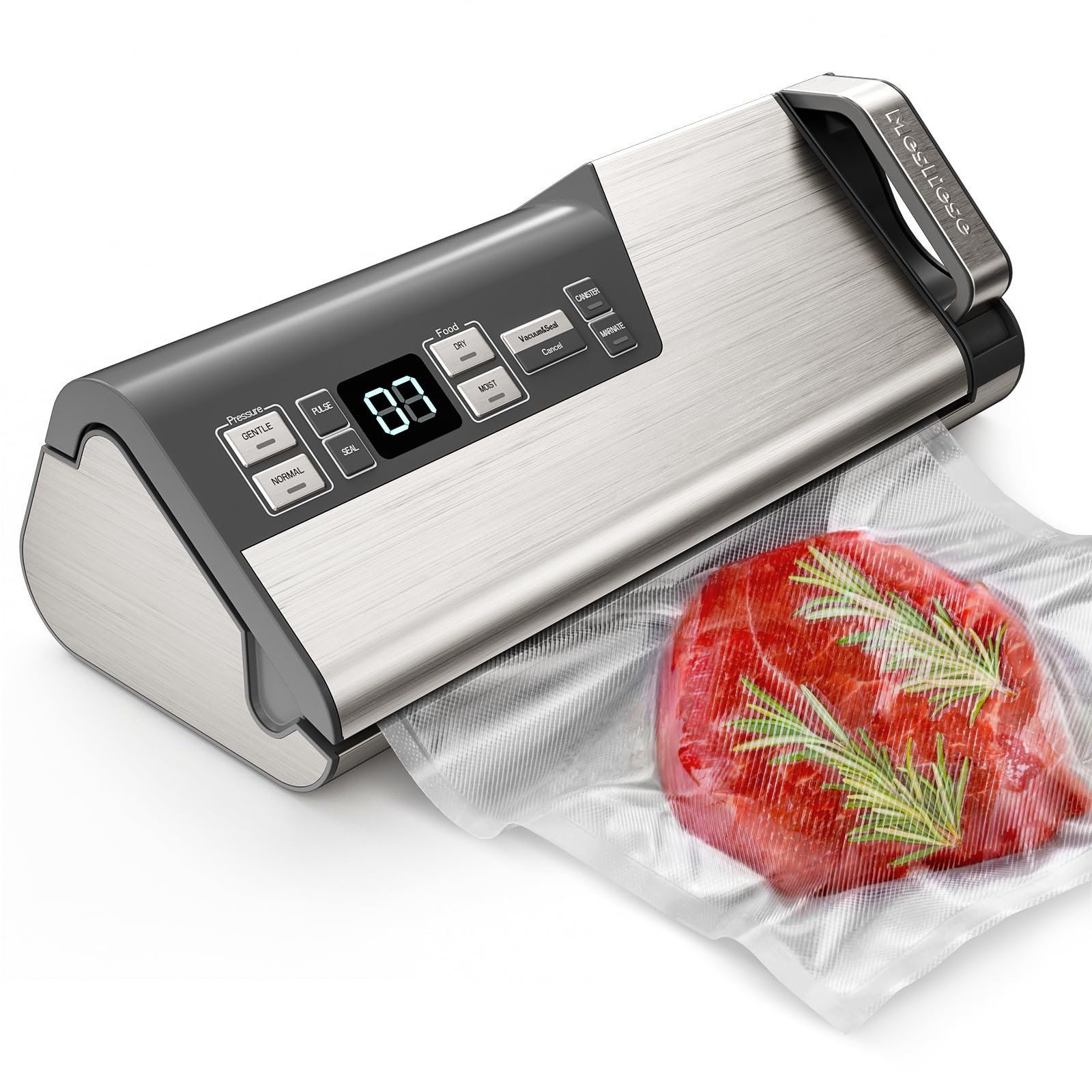 Mesliese Vacuum Sealer Machine, Powerful 95kPa 140W One Hand Operation Food Sealer, Double Seal Strip with Build-in Cutter & Countdown Display, 2 Bag Rolls, 5PCS Pre-cut Bags, PULSE & Marinate