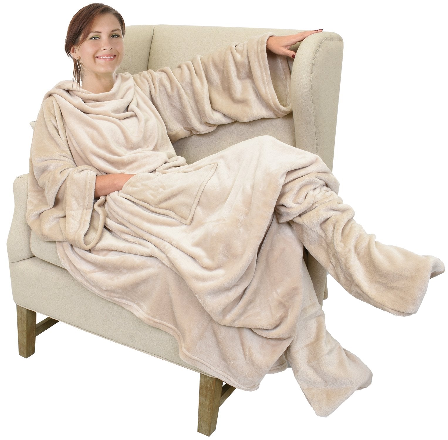 Catalonia Wearable Fleece Blanket with Sleeves and Foot Pockets for Adult Women Men, Micro Plush Comfy Wrap Sleeved Throw Blanket Robe Large, Gift for Her