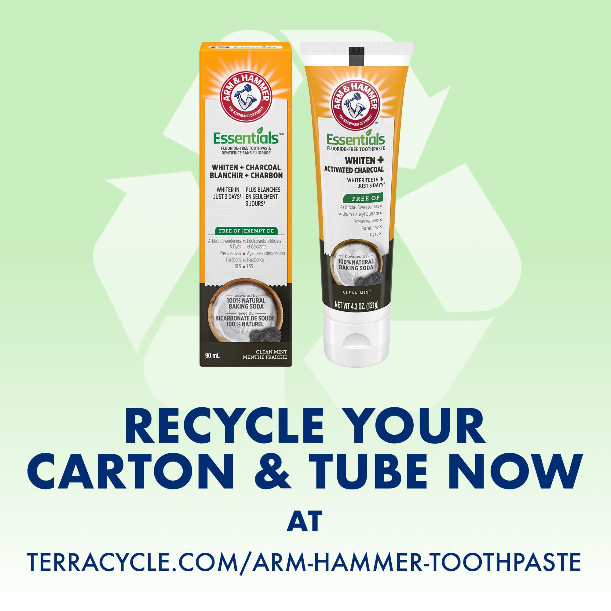 ARM & HAMMER Essentials Fluoride-Free Toothpaste Whiten + Activated Charcoal-4 Pack of 4.3oz Tubes, Clean Mint- 100% Natural Baking Soda