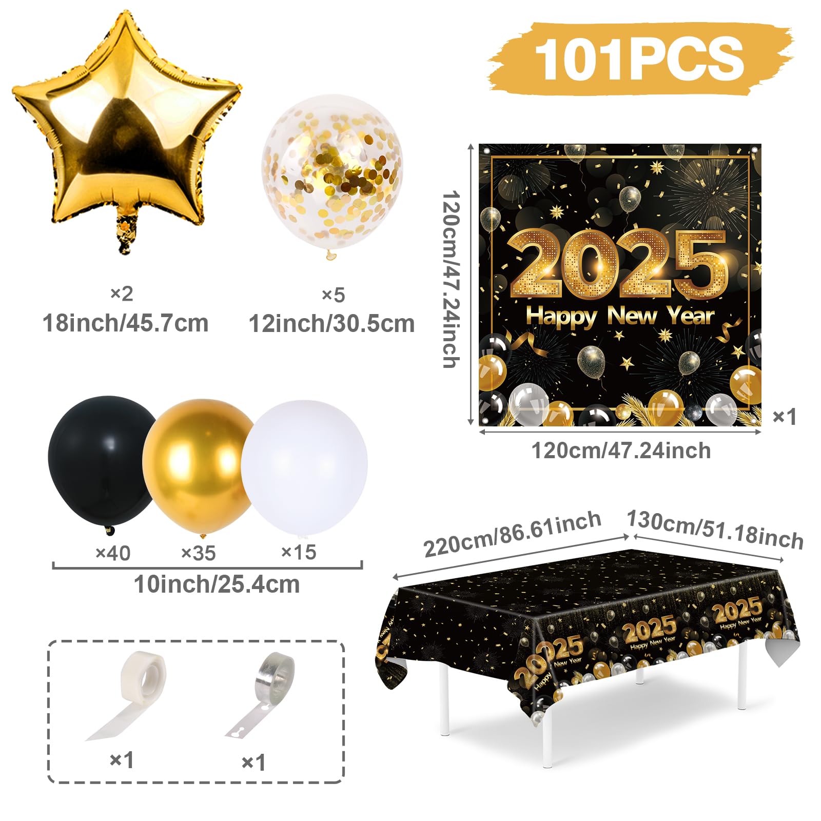 Happy New Years Eve Party Supplies 2025 - New Years Decorations Black and Gold Confetti Balloon Garland Arch Kit Happy New Year Backdrop Tablecloth for New Year Party Anniversary Retirement Graduation