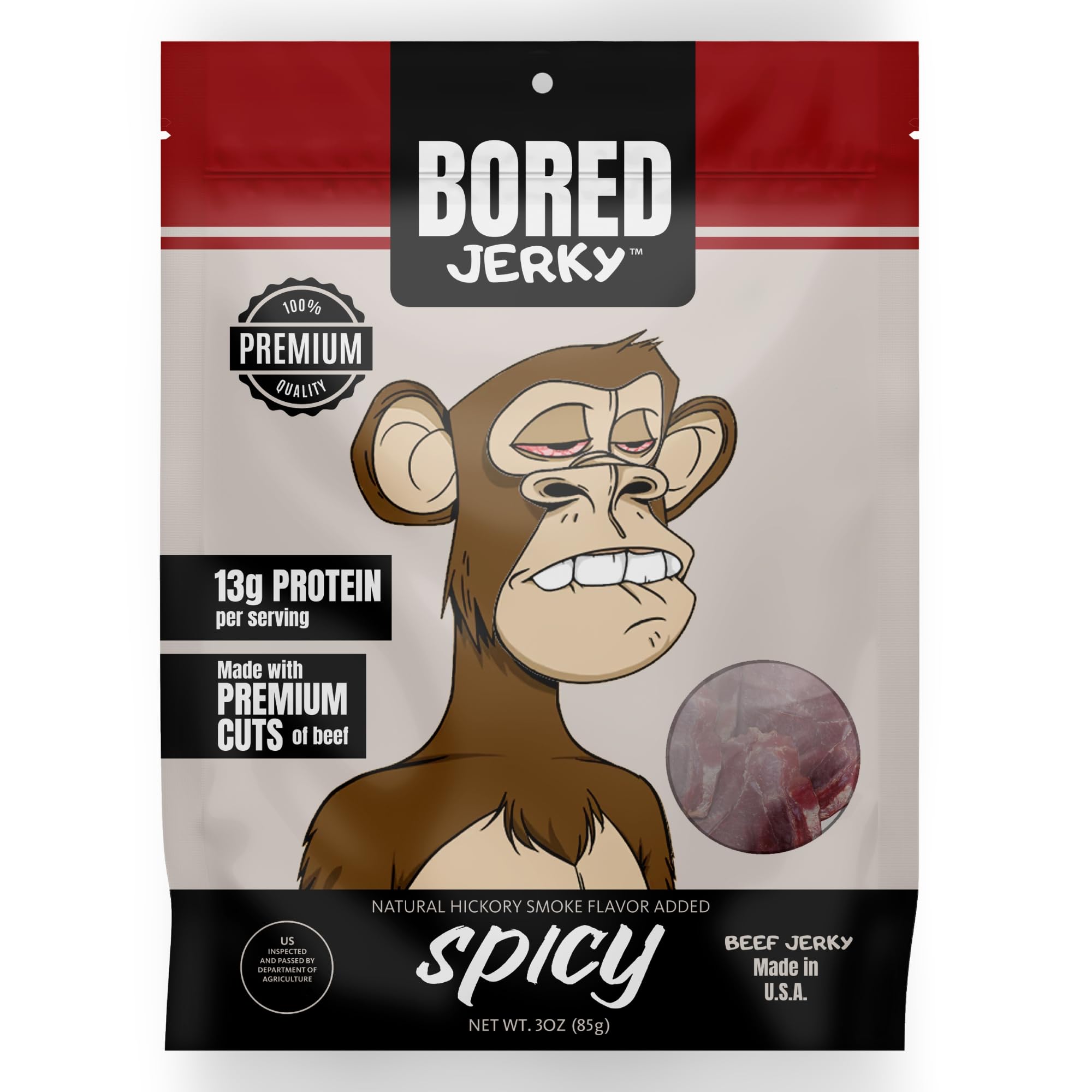 Bored Jerky Spicy Beef Jerky, 13g Protein per Serving, High Protein Snacks Made with Soy Sauce, Hickory Smoke, Jalapeno & Habanero, Made in the USA, 4 Pack, 3 Oz Resealable Bag