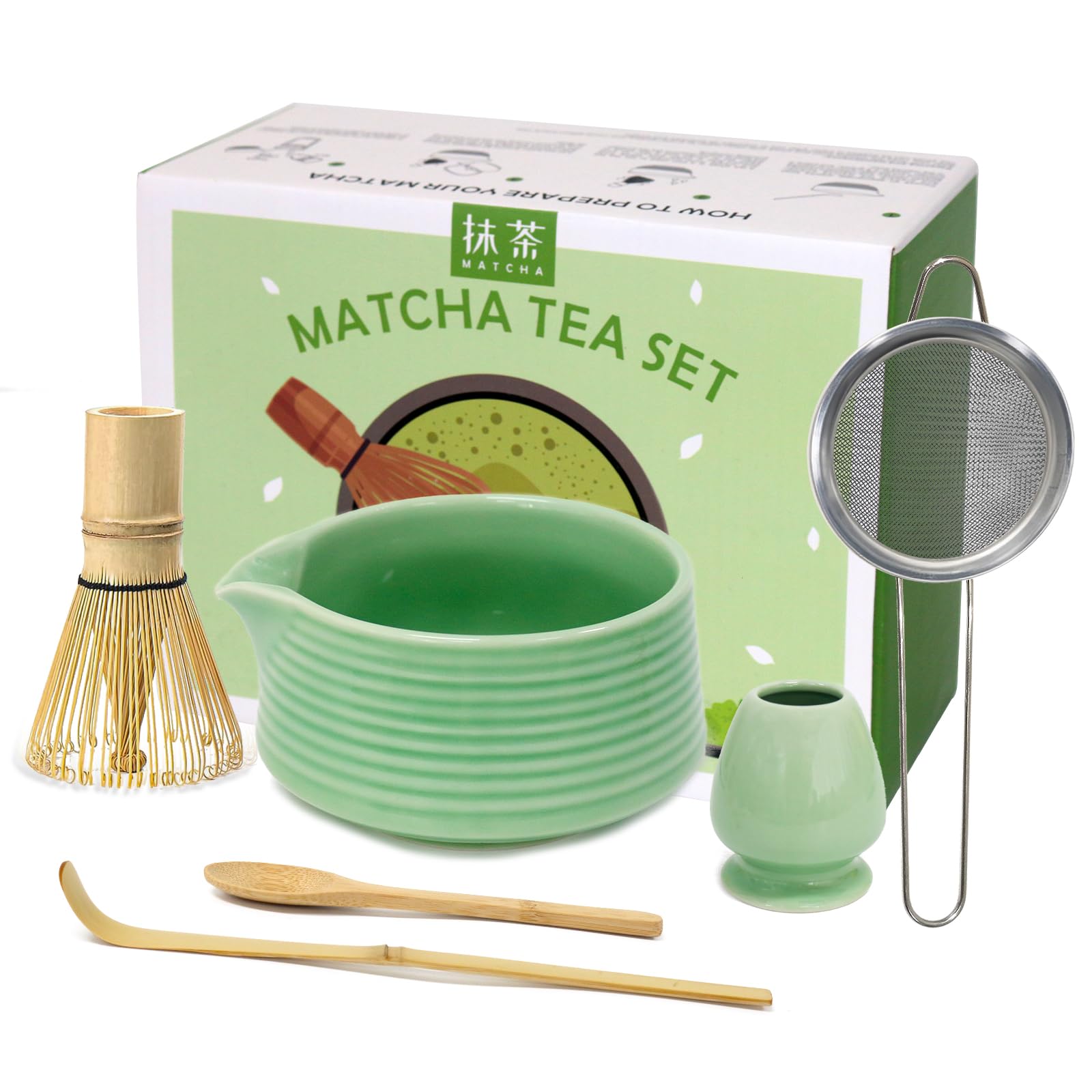 Matcha Whisk Set, 6 Pcs Matcha Set Includes Matcha Bowl with Spout, Matcha Whisk (Chasen), Matcha Whisk Holder, Sifter, Bamboo Spoon & Scoop - Complete Matcha Tea Ceremony Kit, Gift for Matcha Lovers