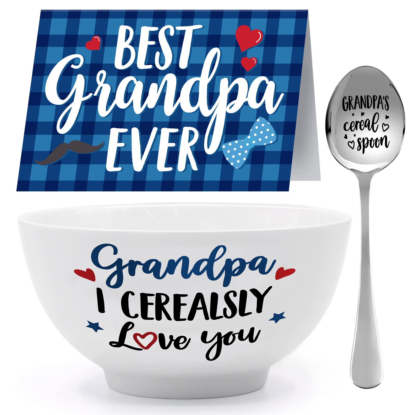 Grandpa Gift Cereal Bowl and Cereal Killer Spoon Set with Best Dad Ever Card Birthday Grandfather's Retirement Christmas Engraved Basket from Granddaughter Grandson Set of 3 Thanksgiving Present