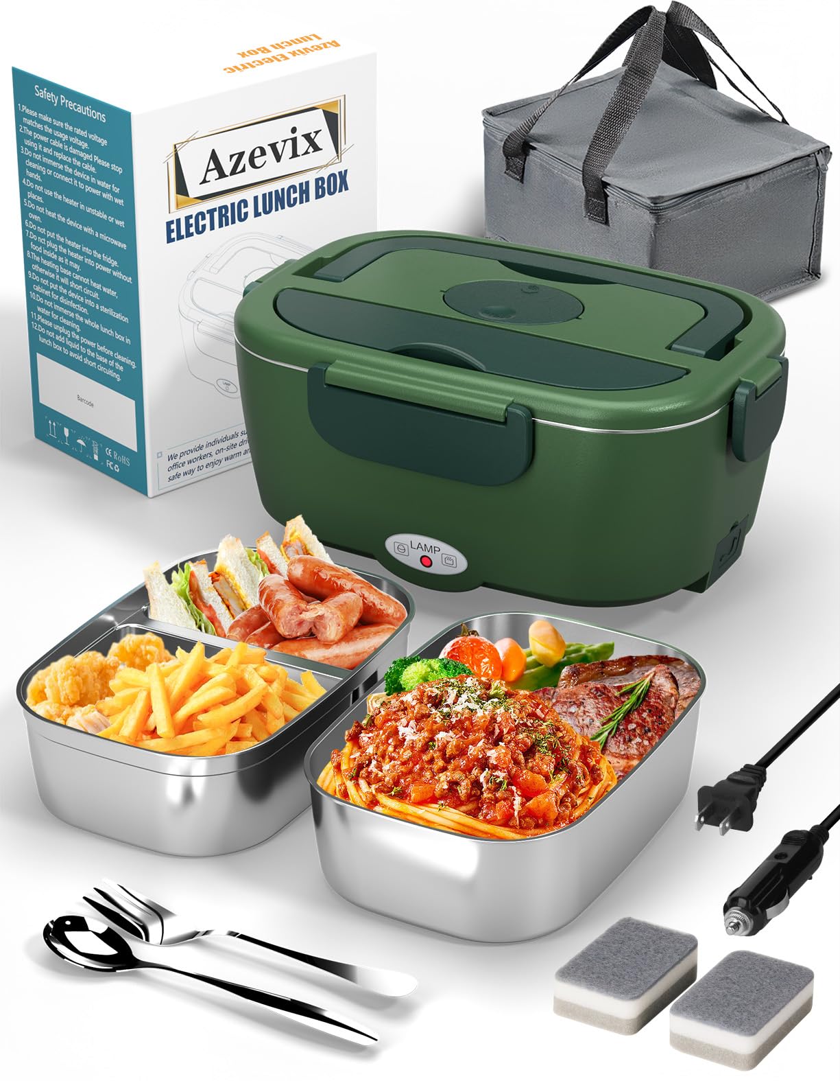 Electric Lunch Box for Adults, 80 W Fast Heating Portable Food Warmers for Car Truck Travel with 2 Stainless Steel Containers 1.5 Liters Heated Lunch Box Self Heating Food Heater for Work lonchera