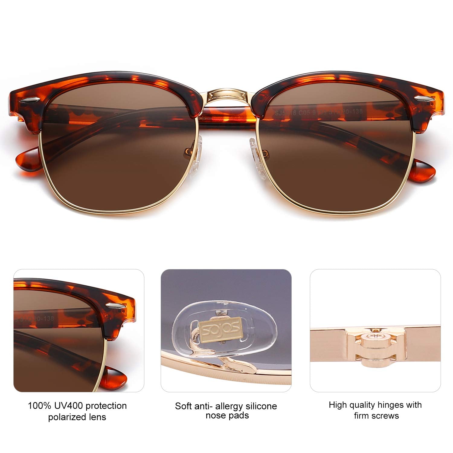 SOJOS Retro Semi Rimless Polarized Sunglasses Horn Rimmed UV400 Glasses SJ5018 with Tortoise Frame/Brown Lens