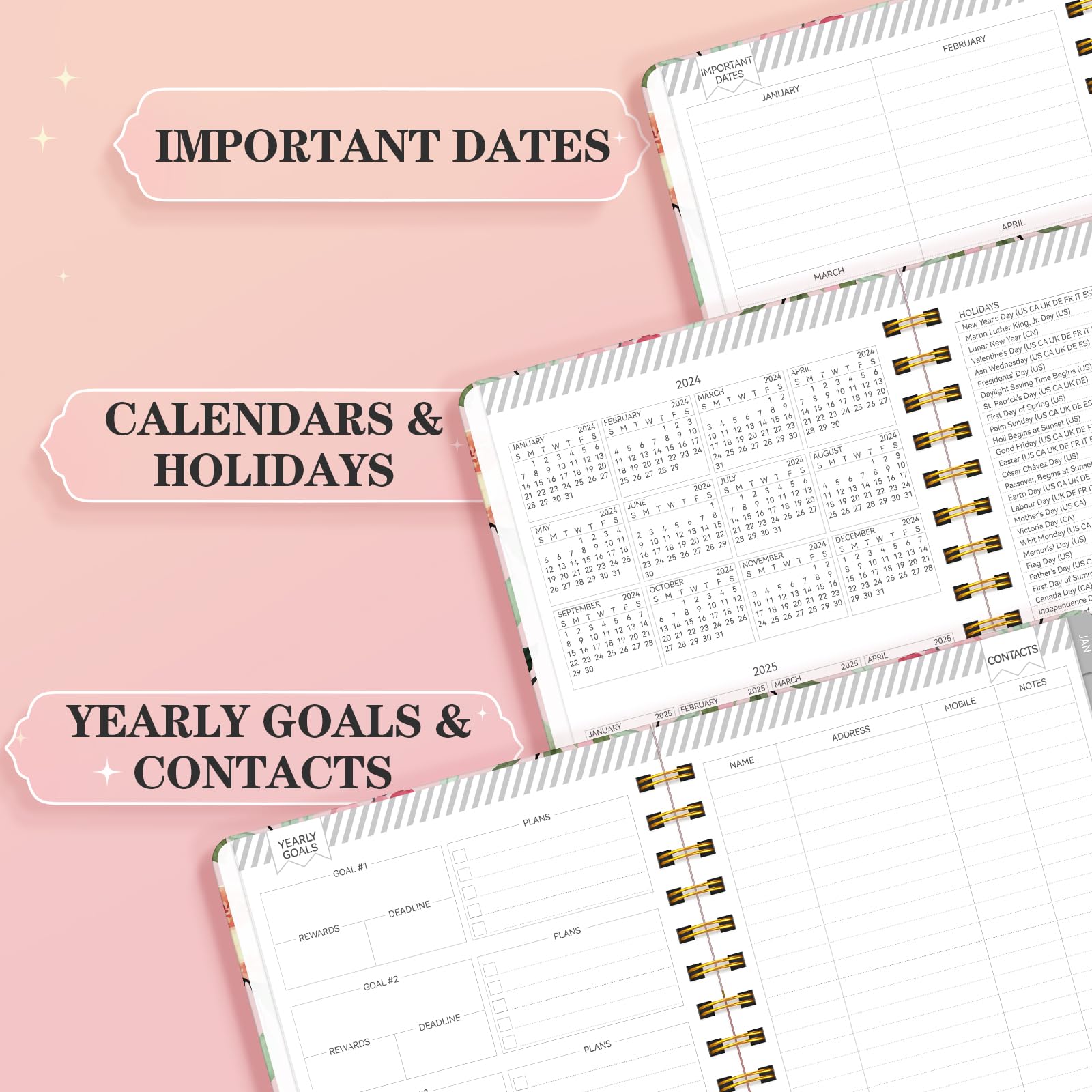 GETINK 2024 Planner Daily Weekly and Monthly for Women, Jan.2024 - Dec.2024, Hardcover Agenda 2024 Calendar Planner Book with Monthly Tab, Spiral Bound, Inner Pocket (7.5”×10”, Flower Pink-24 Year)