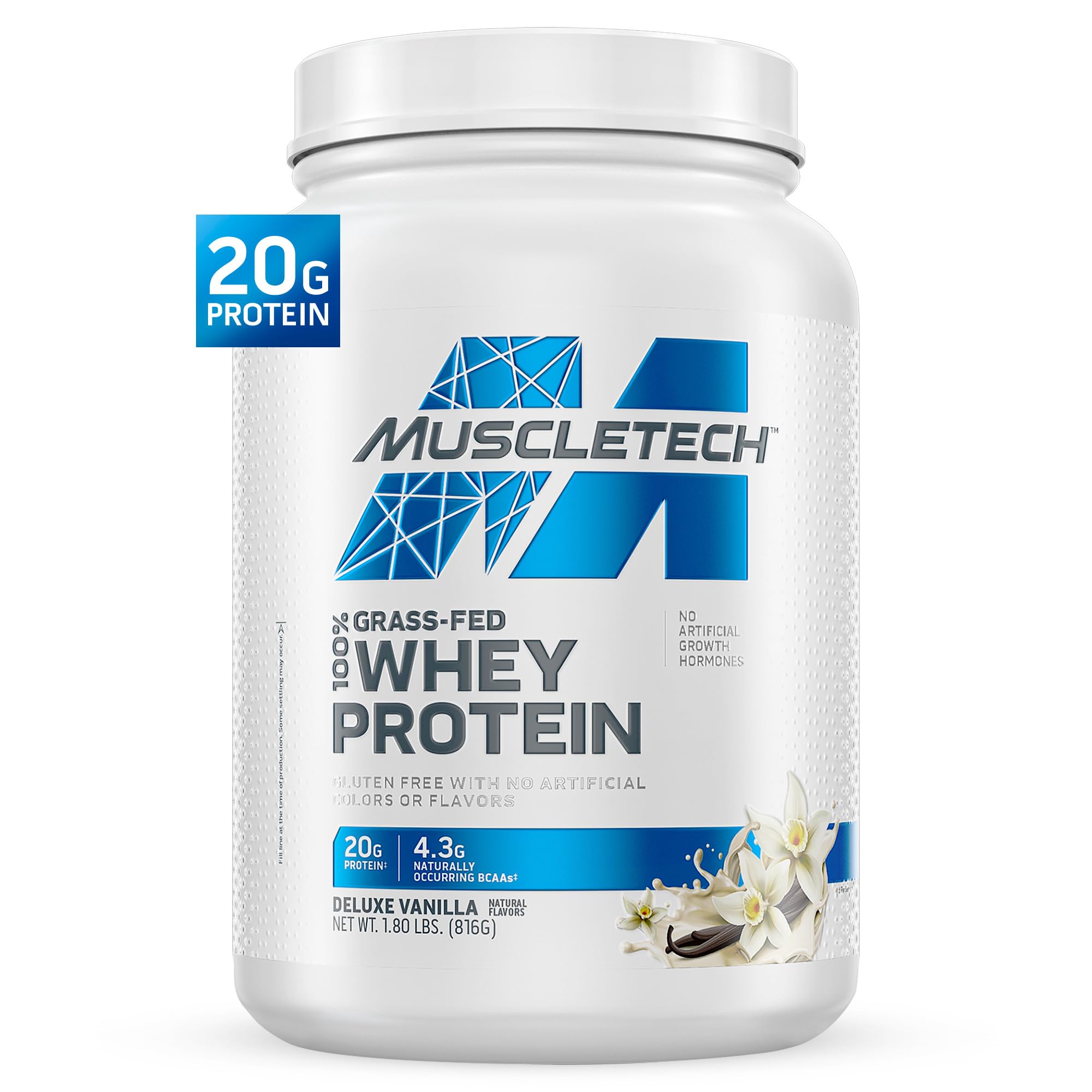 Muscletech Grass-Fed Whey Protein Powder (Deluxe Vanilla, 1.8LB) - Whey Protein Smoothie & Milk Shake Mix Supports Muscle Gain & Recovery - 20g of Whey Protein for Women & Men - Non-GMO & Gluten-Free