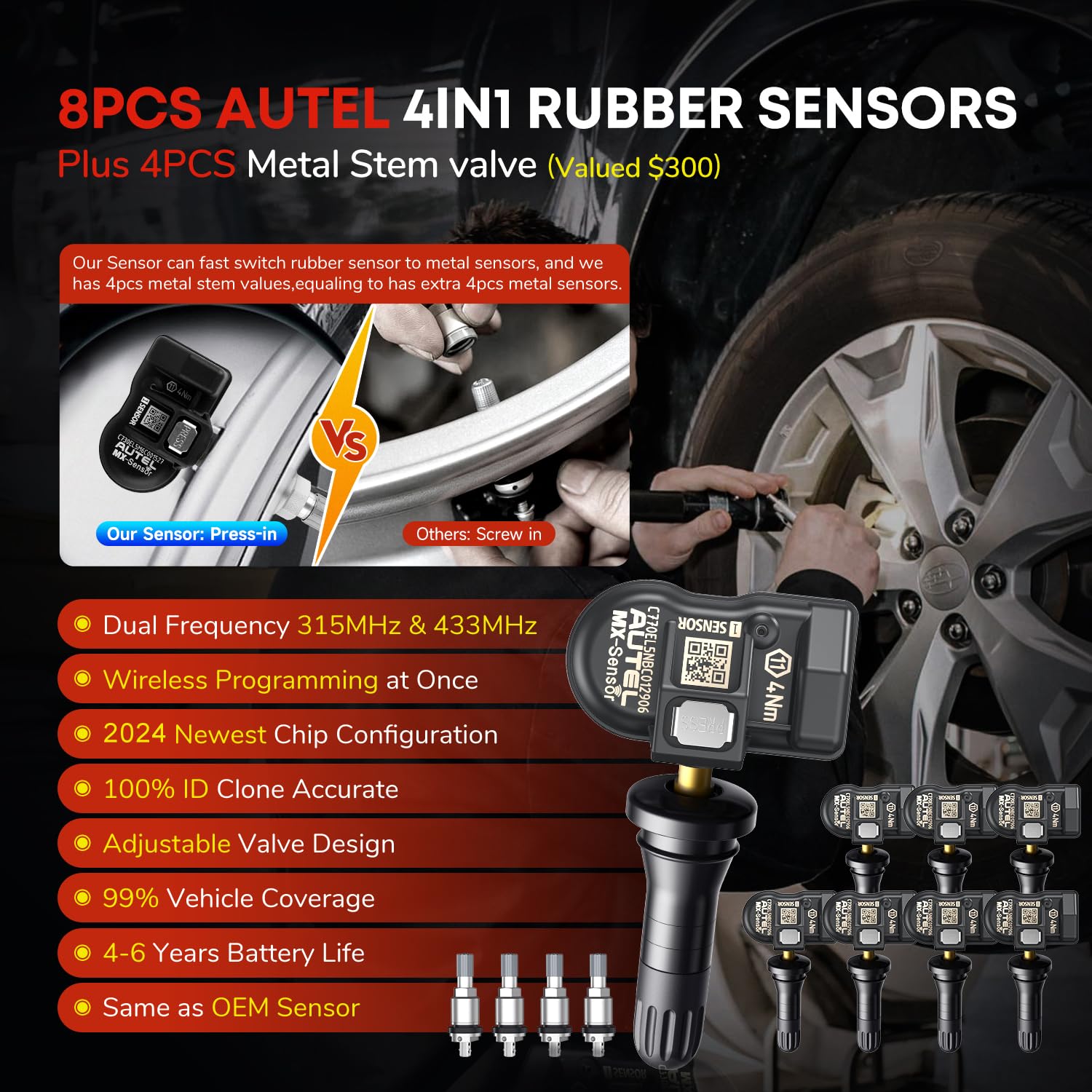 Autel MaxiTPMS TS508WF KIT, 2025 TPMS Programming Relearn Tool, WiFi Ver. of TS508 TS501 PRO TS601 TS408S, Lifetime Update, Relearn/Activate All Sensor, TPMS Scan Tool w/$300 8PCS Sensor &4PCS Valves