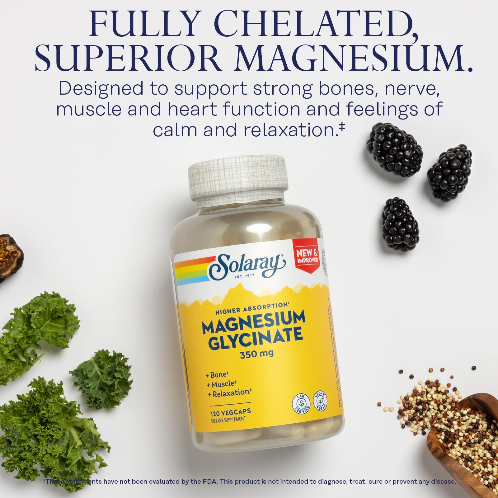 SOLARAY Magnesium Glycinate Capsules, Chelated Magnesium Bisglycinate w/BioPerine, Higher Absorption Magnesium Supplement - Bones, Muscles, Heart Support, Vegan, 275 Count (30 Servings, 120 VegCaps)