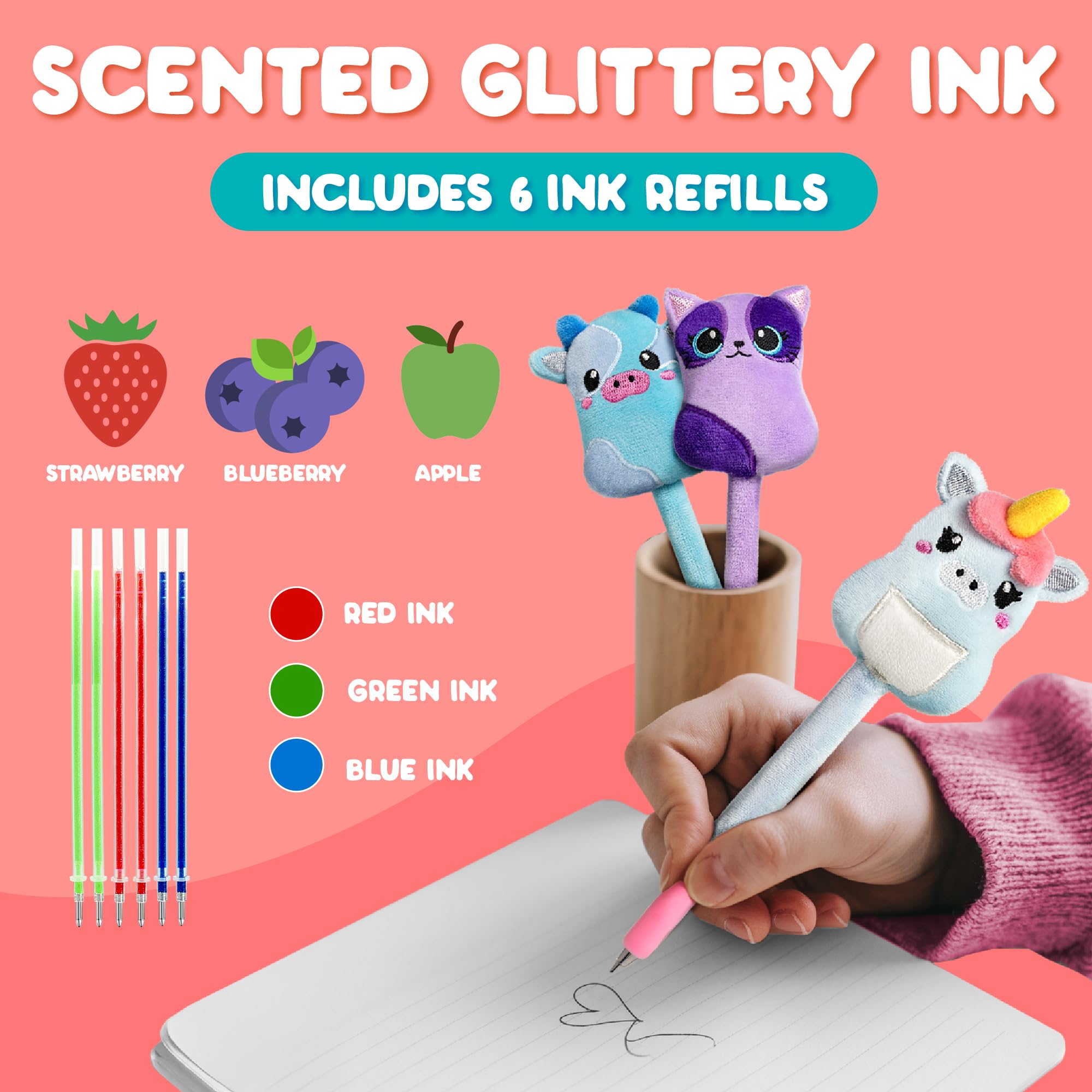 BUNMO Stocking Stuffers for Kids - 3 Pack Cute Pens - 6 Scented & Glittery Refills - Plush Fun Pens for Kids - Stuffed Cute Animals for Girls Kawaii Stationery - Stocking Stuffers for Girls