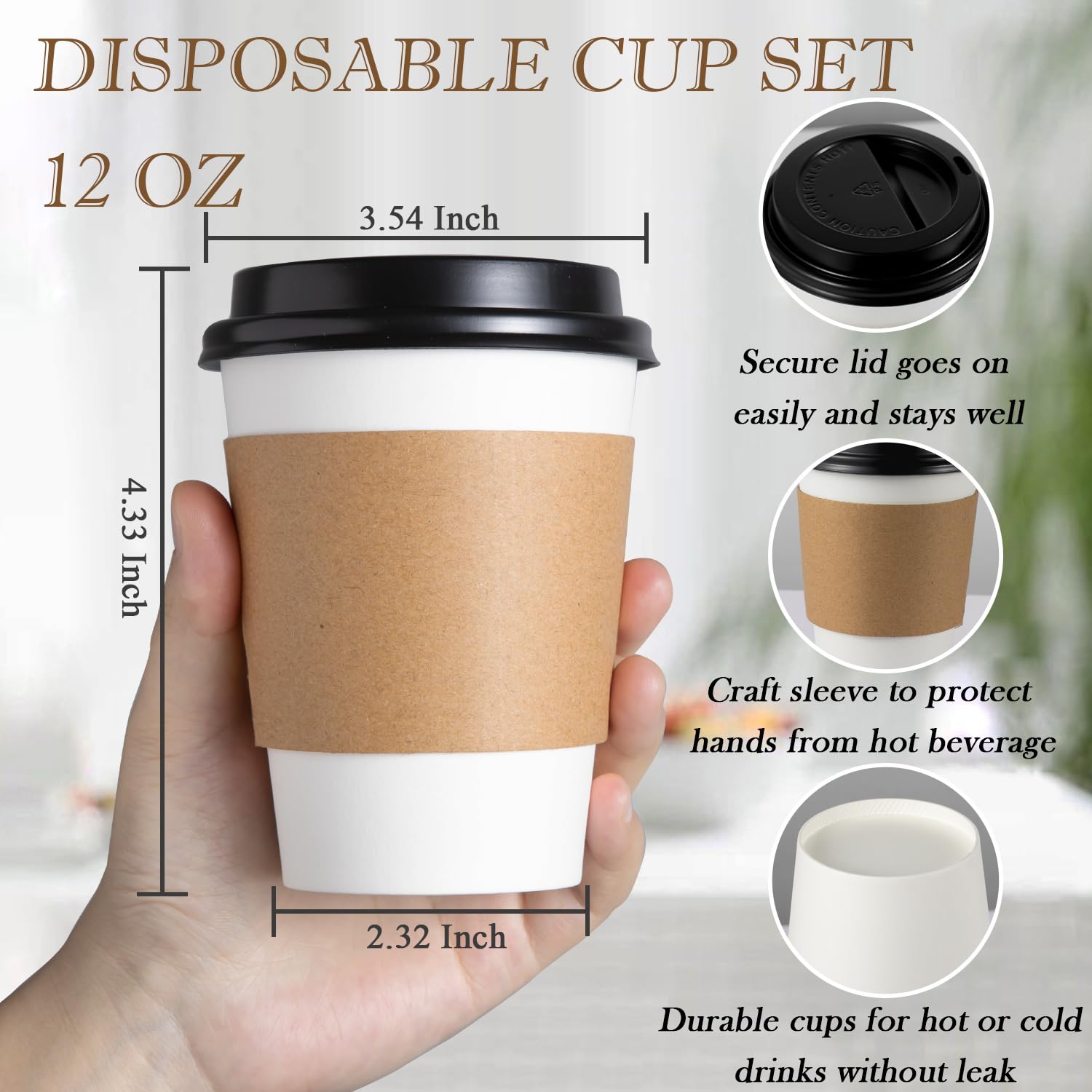 BENEVAL 100 Pack 12 oz Disposable Coffee Cups With Lids and Sleeves, Sturdy White Paper To Go Cups for Hot and Cold Beverages