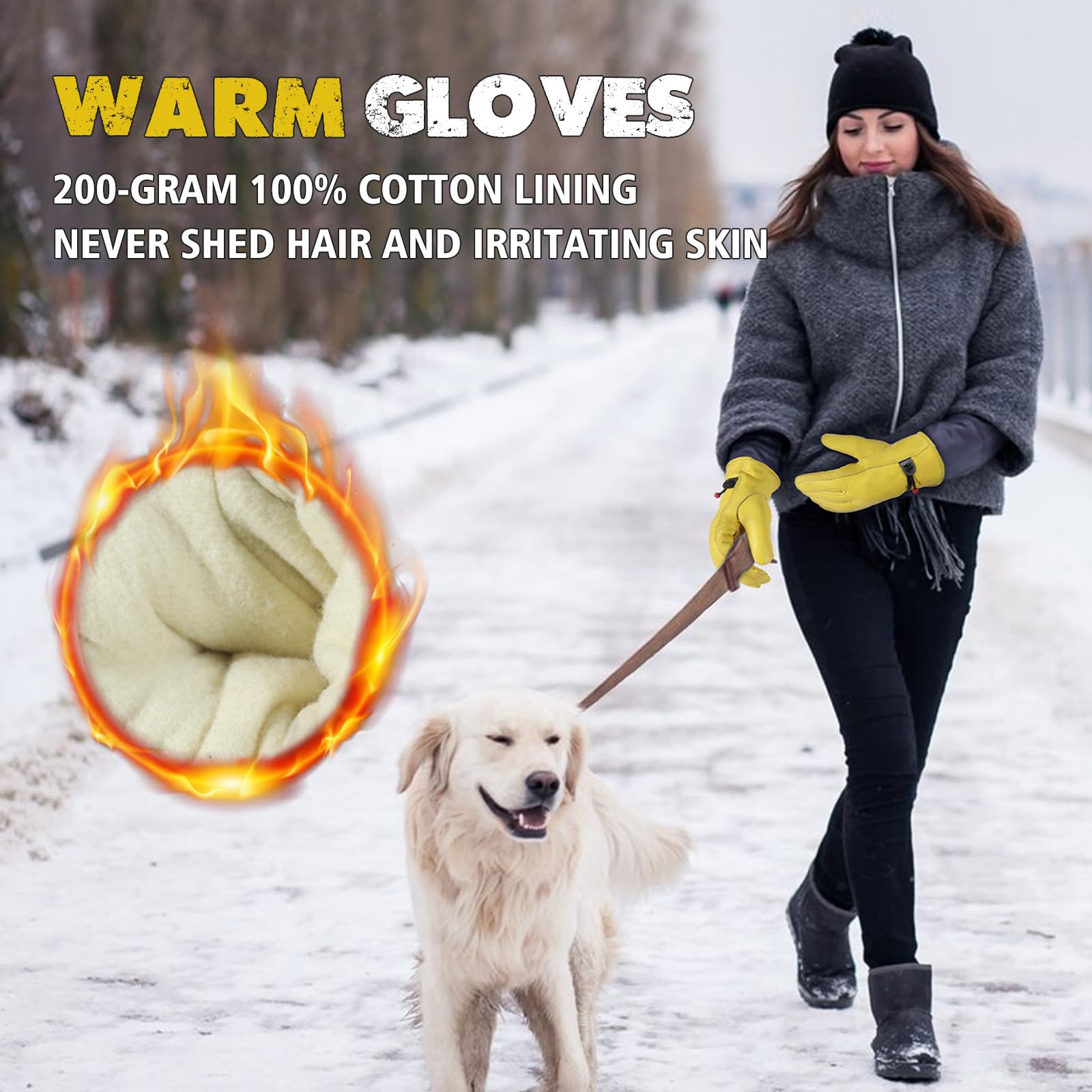 HLDD HANDLANDY Winter Leather Work Gloves, Warm Cowhide Gloves for Cold Weather, Insulated Thermal Winter Gloves