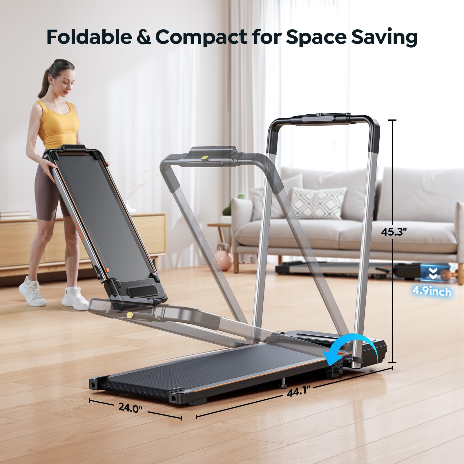 Hometro Foldable Treadmill with 7% Incline, Portable Under Desk Folding Walking Pad 0.6-7.5mph with Handle, Remote and App, 265lbs,No Assembly Needed
