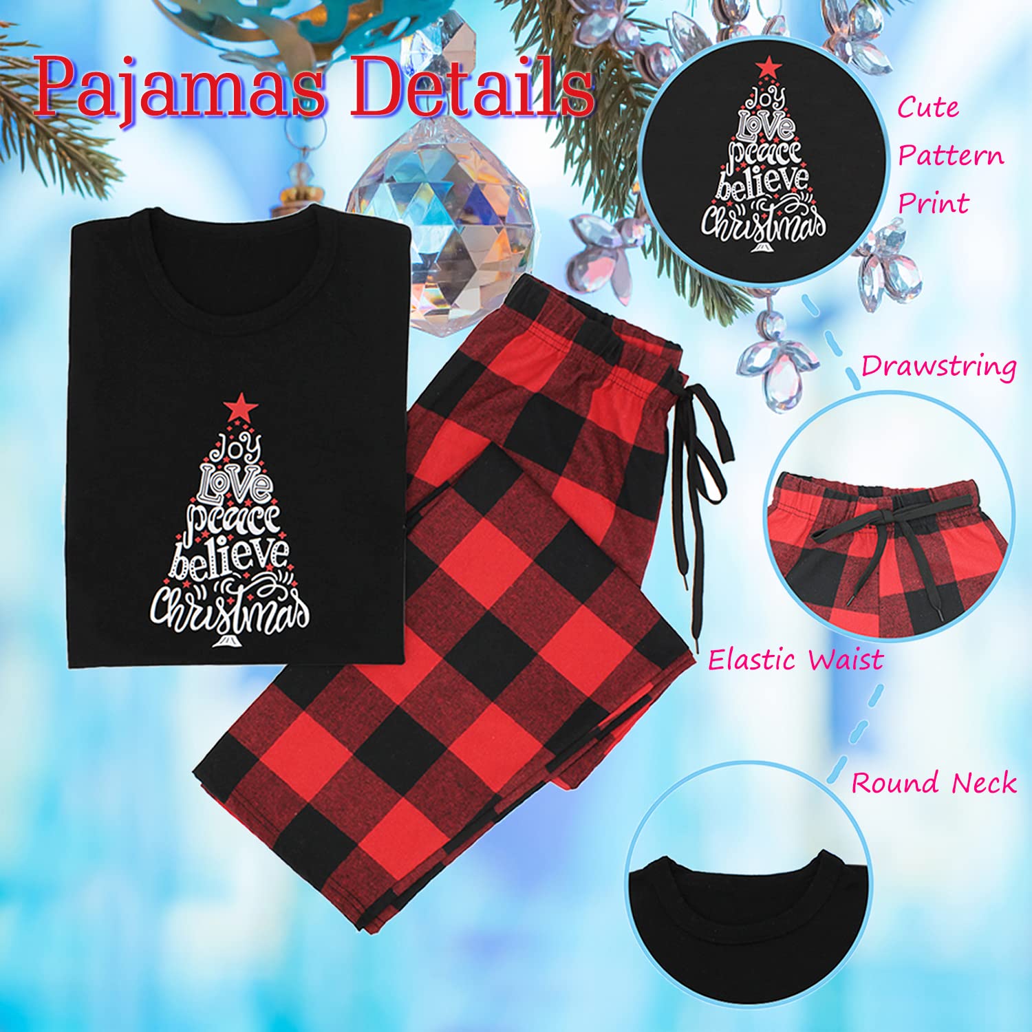 Onancehim Matching Christmas Pajamas for Family, Funny Holiday Cute Let It Snow Print Tops and Plaid Pants Xmas Sleepwear Pjs Set (Youth, 2-3T, Black)