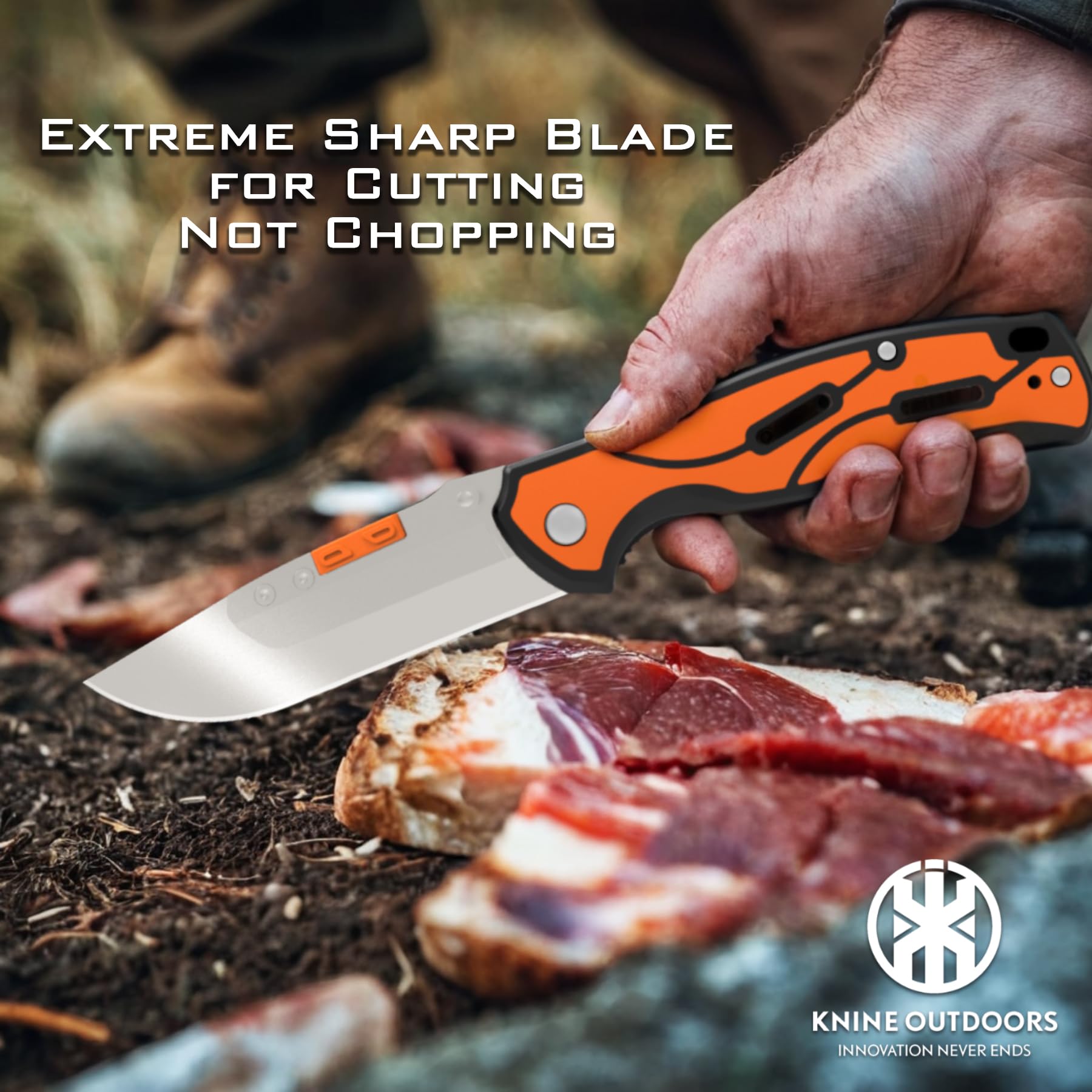 KNINE OUTDOORS Hunting Double Blade Pocket Knife with Replaceable Blades and Clip, Skinning Knife, Gutting Knife, EDC Knife for Deer Hunting, with 9 Blades (Orange)