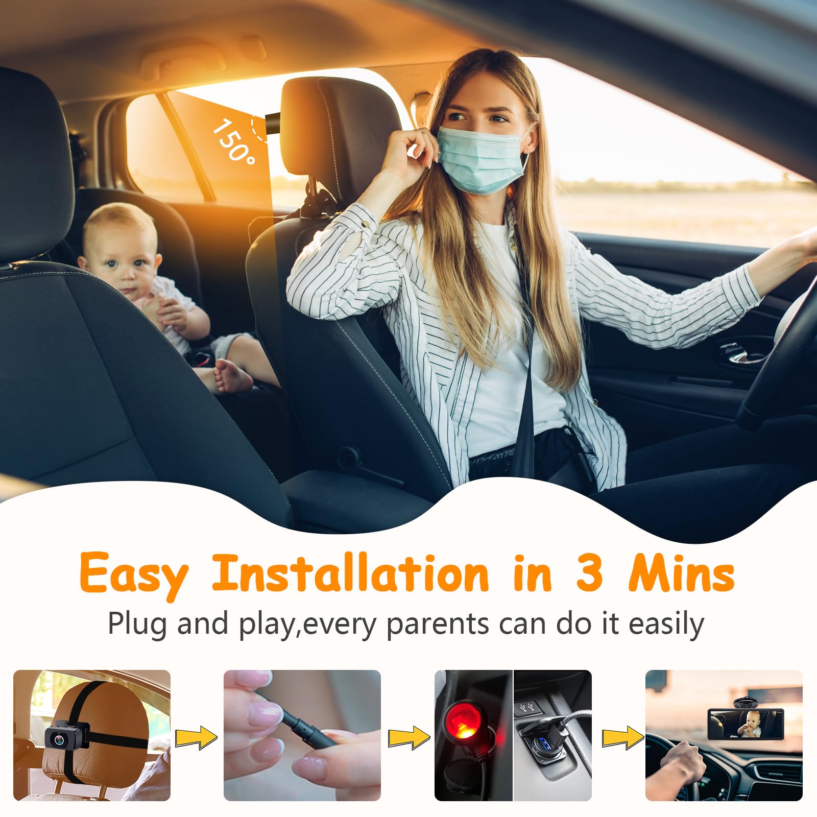 2-Kids Baby Car Camera for Seat: 6.9 Inch Ultrawide Display with Two Cameras Rear Facing - USB Powered Backseat Camera HD 1080P Easy to Install