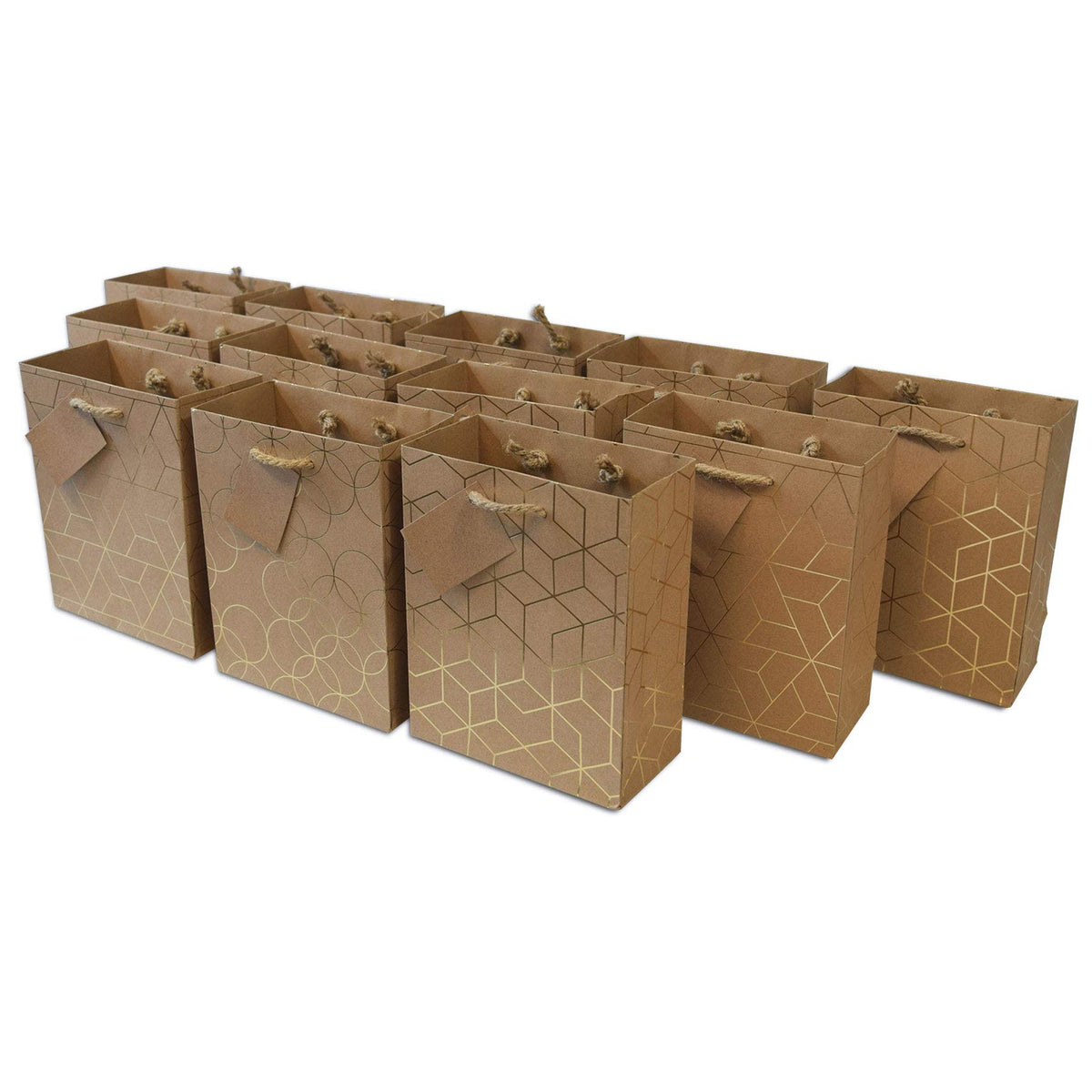 OccasionALL Gold Brown Gift Bags 12 Pack 7.5x3.5x9 Medium Geometric Print Kraft Paper Bags with Handles for Christmas, Holidays, Weddings, Birthdays, Bulk Shopping