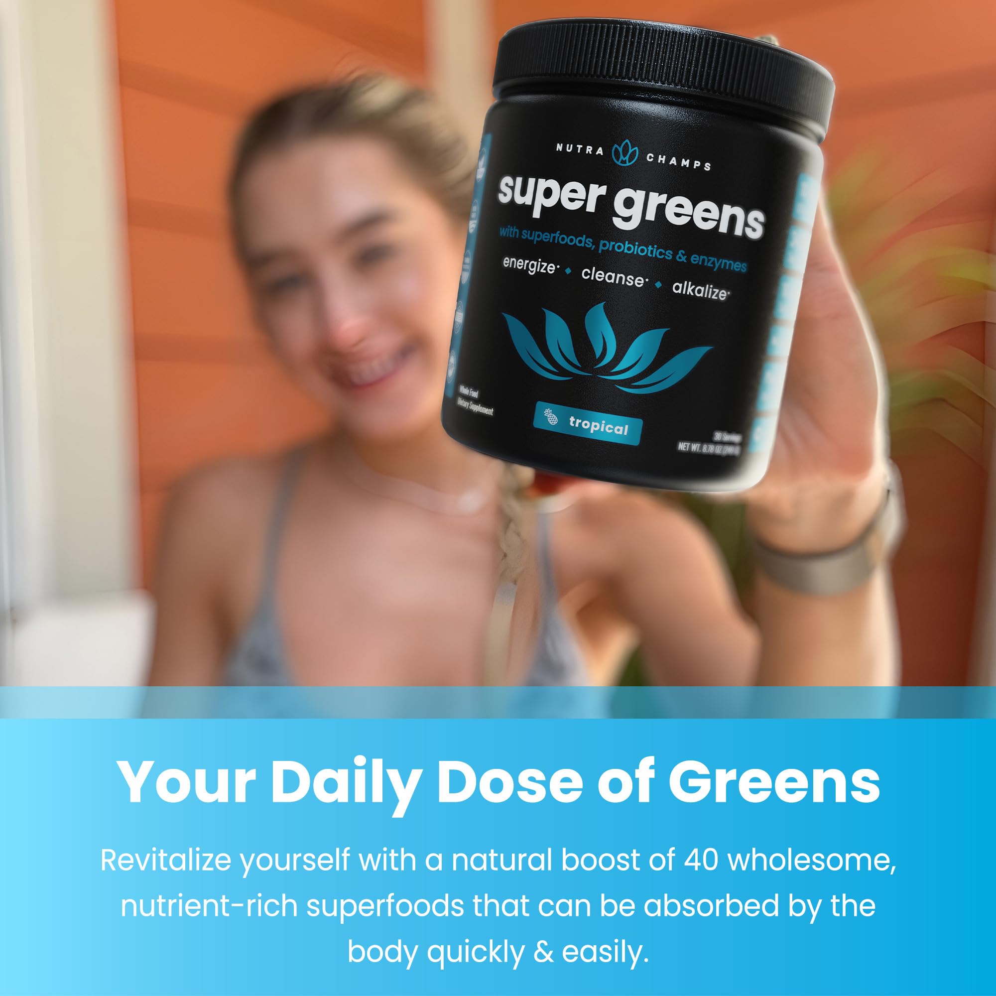 NutraChamps Super Greens Powder Premium Superfood | 20+ Organic Green Veggie Whole Foods | Alfalfa, Spirulina, Chlorella & More | Antioxidant, Digestive Enzyme & Probiotic Blends | Tropical