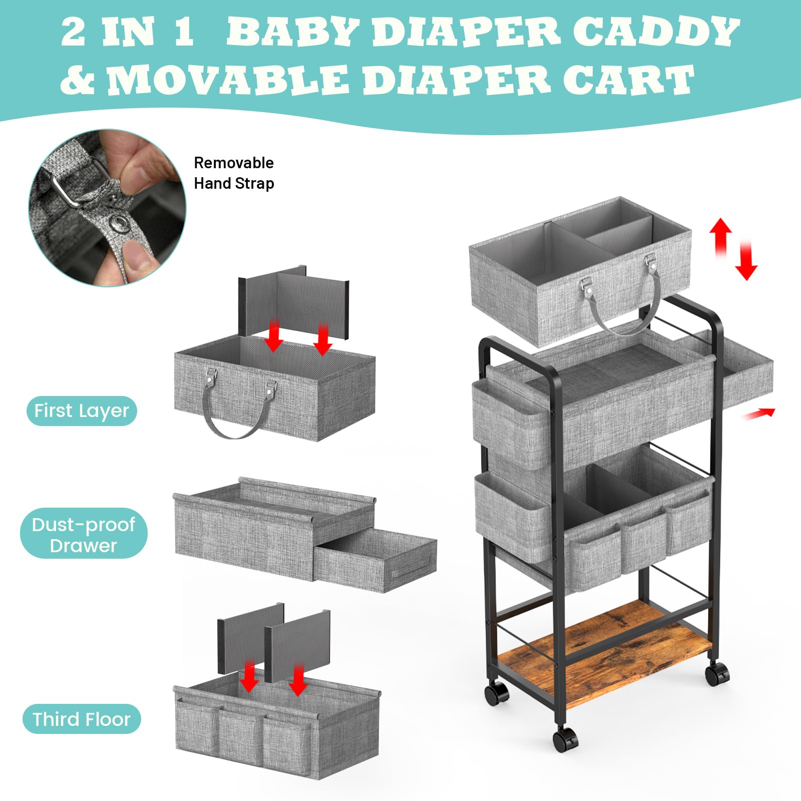 2In1 Baby Diaper Caddy & 4-Tier Diaper Cart Organizer With Wheels, Diaper Rolling Cart with Dividers & Dust-proof Drawer, Metal Detachable Bedside Cart for Nursery Essentials Storage, Large Capacity