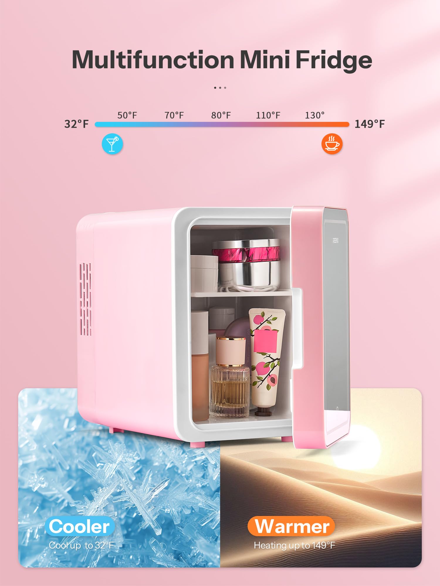 Skincare Fridge, Mini Fridge with Dimmable LED Morror, 6L Makeup Fridge for Bedroom, Car, Office & Dorm, Cooler & Warmer, Portable Small Refrigerator for Cosmetics, Skin Care and Food, Pink