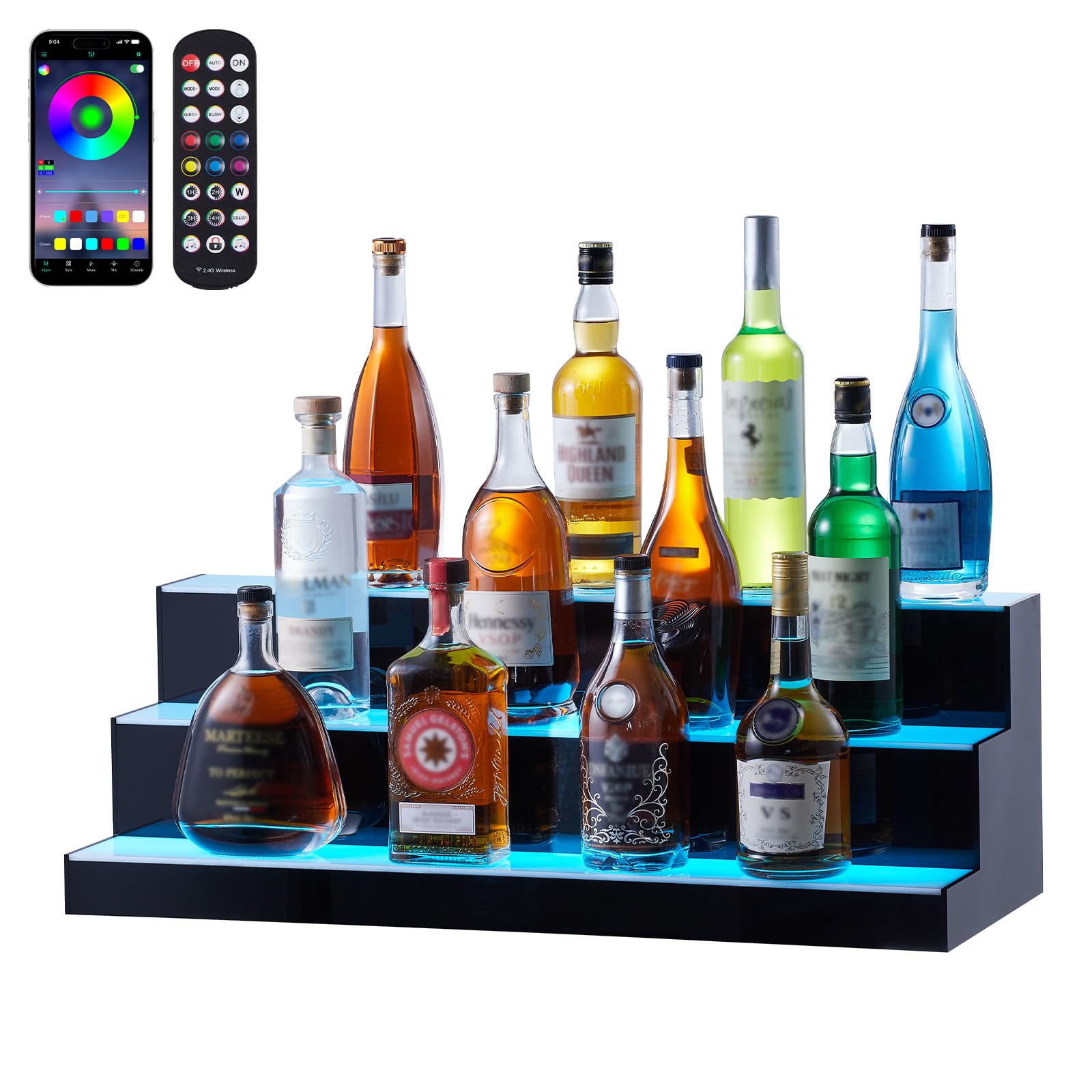 VEVOR LED Lighted Liquor Bottle Display, 3 Tiers 30 Inches, Supports USB, Illuminated Home Bar Shelf with RF Remote & App Control 7 Static Colors 1-4 H Timing, Acrylic Lighted Shelf for 24 Bottles