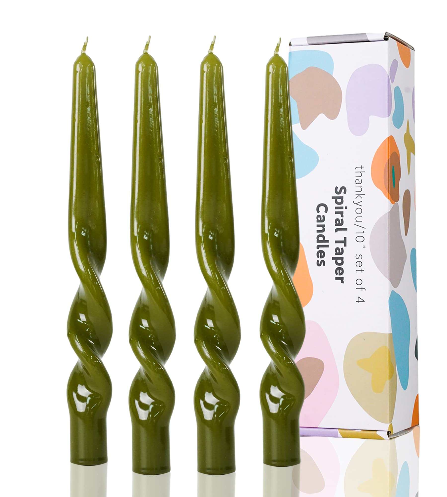 LPUSA Olive Green Spiral Taper Candles Handmade Twisted Candle Conical Stick Candles for Holiday Wedding Party Wax Unscented Dinner Candle Dripless,Christmas Gift H 10 Inch, 4pcs（Olive Green）