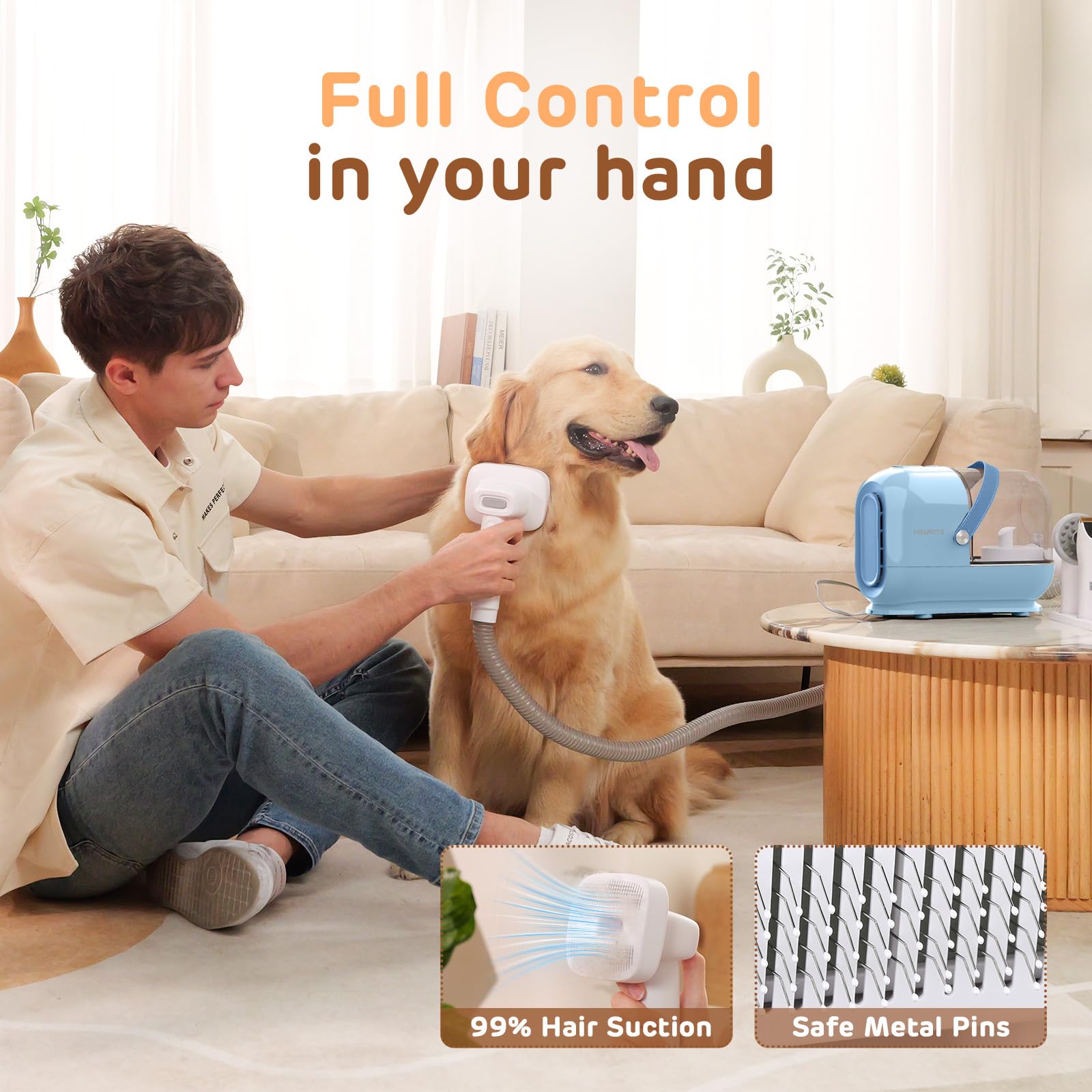 HEAPETS Dog Grooming Vacuum Kit, 3L Pet Grooming Vacuum with 7 Pet Grooming Tools, Dog Vacuum for Shedding Grooming at Home with Low Noise Electric Clipper and Brush, Blue-Light Blue