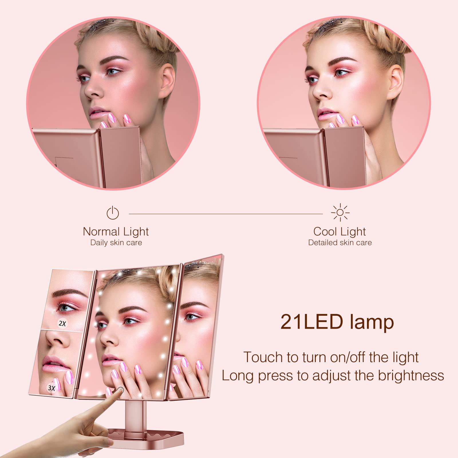 HUONUL Makeup Mirror Vanity Mirror with Lights, 2X 3X 10X Magnification, Lighted Makeup Mirror, Touch Control, Trifold Makeup Mirror, Dual Power Supply, Portable LED Mirror, Women Gift (Rose Gold)