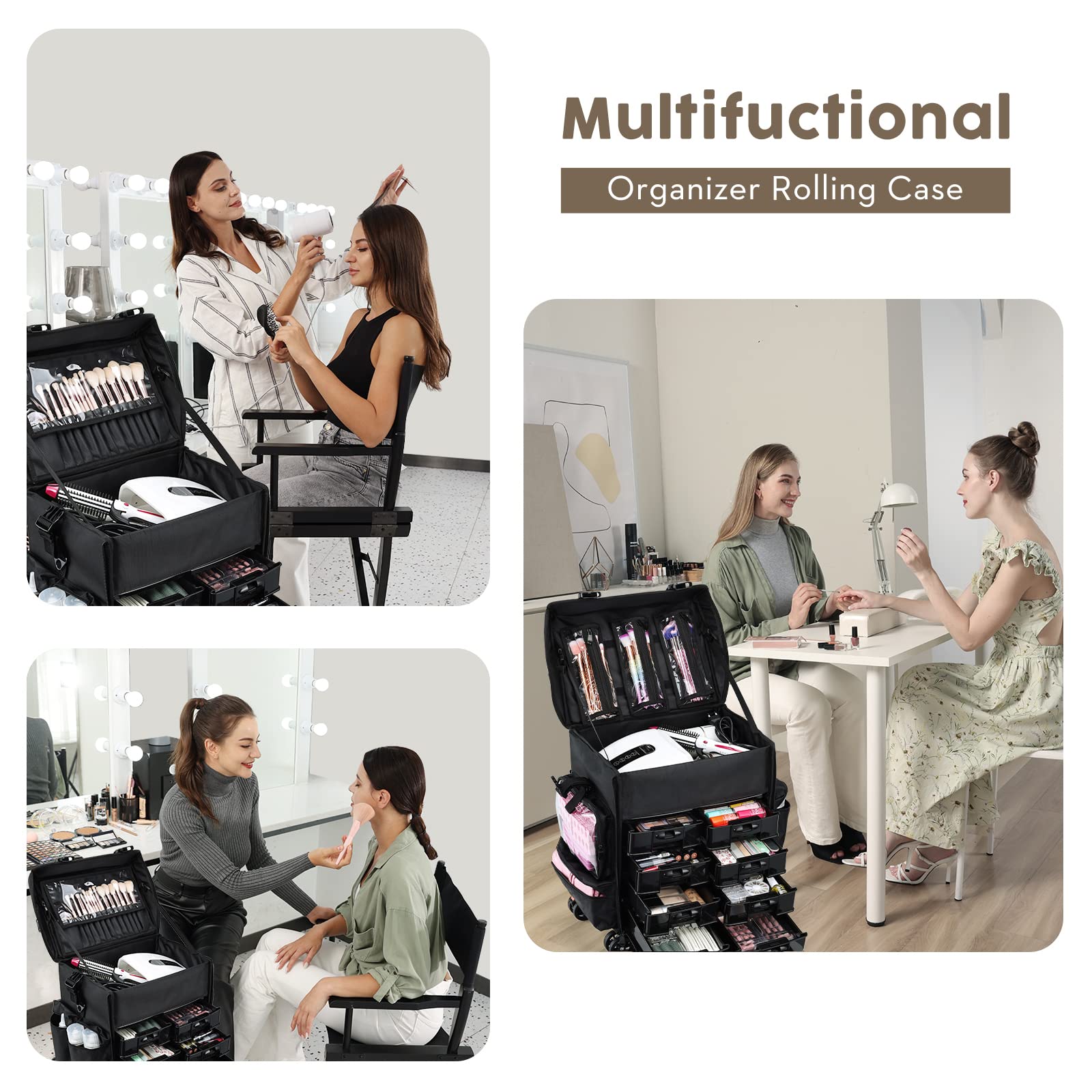 Costravio Travel Makeup Bag, Cosmetology Case on Wheels, 2 IN 1 Hair Tool Organizer, Rolling Nail Organizer Train Case, Large Cosmetic Trolley Suitcase for MUA/Hairstyling/Home-care/Groomer, Black