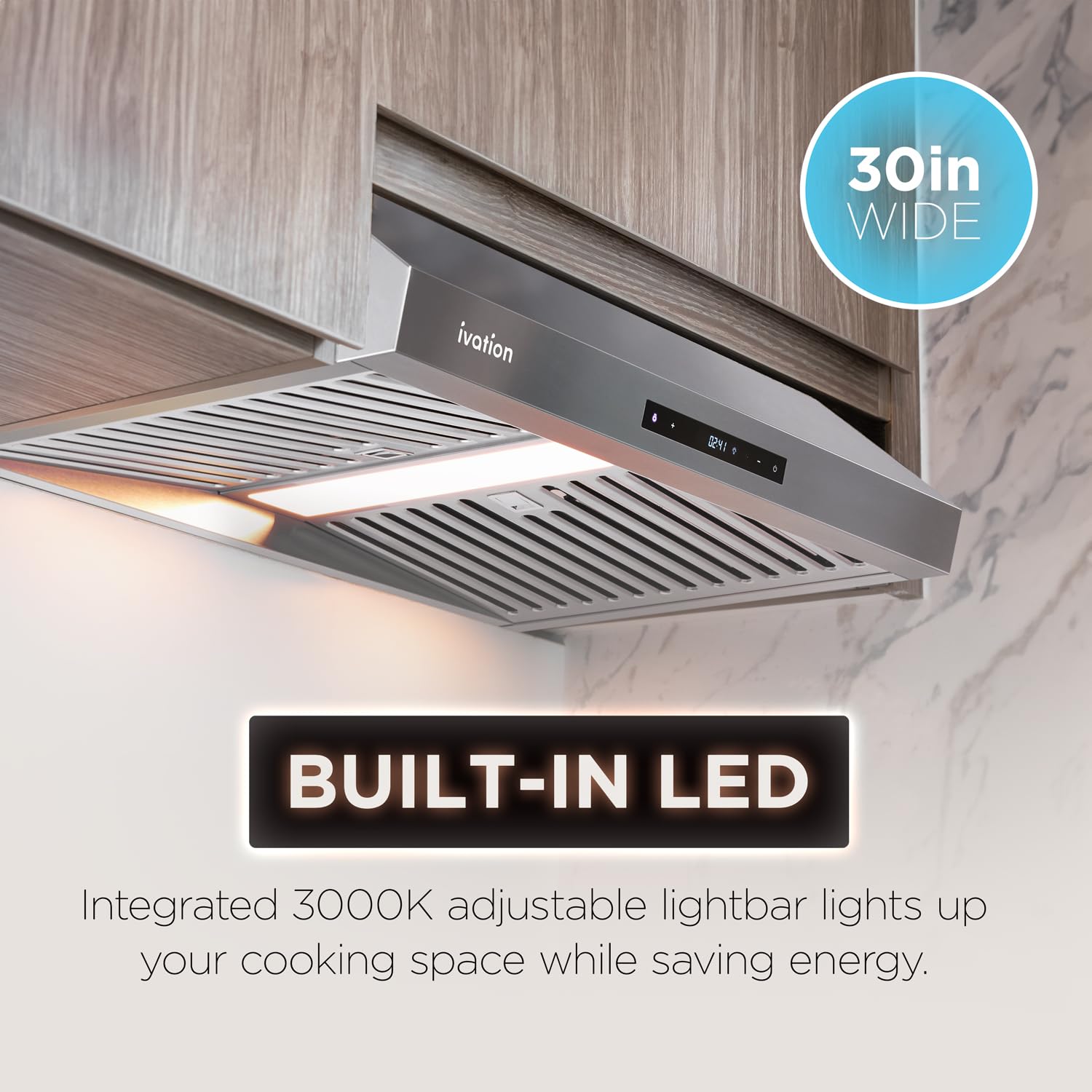 Ivation 30” Under Cabinet Range Hood - 600 CFM - 3-Way Venting - Built-In LED Light & Clock - Auto-Off Fan Timer - Dishwasher Safe Stainless Steel Baffle Filters