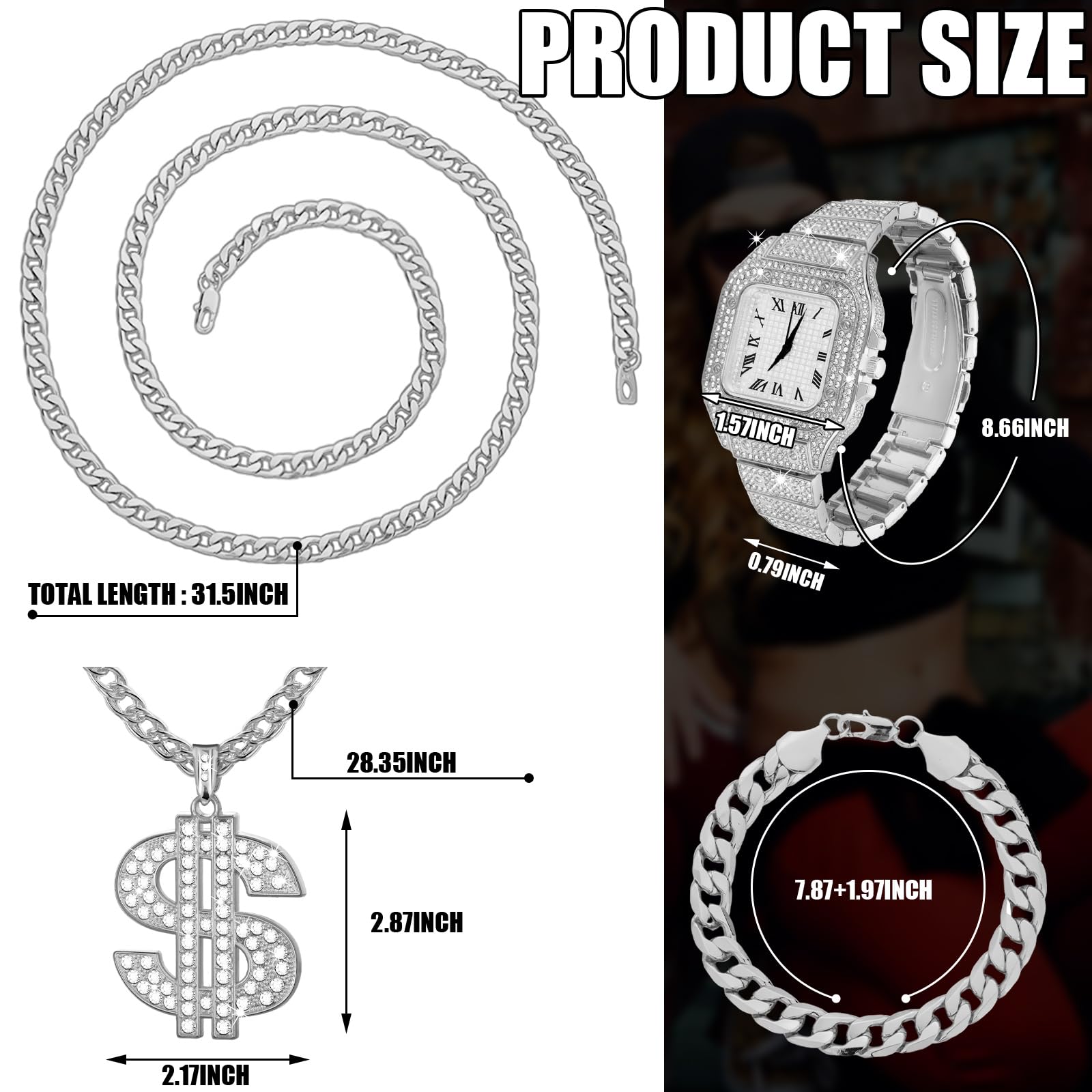 Equsion 9 Pcs Hip Hop Jewelry Set Dollar Sign Pendant Necklace Bracelet Diamond Watch Punk Sunglasses Lucky Rings for Men (Silver)