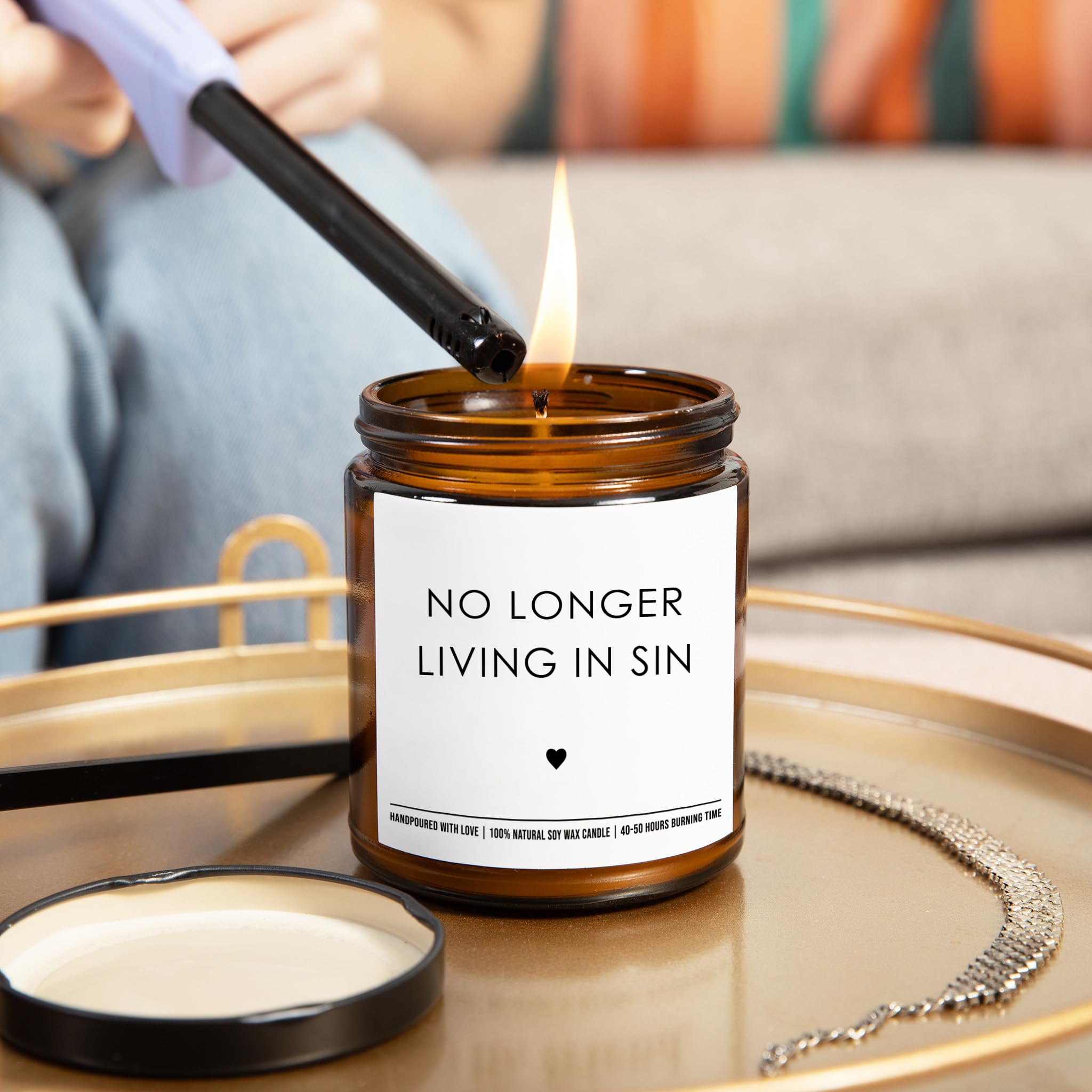 No Longer Living in Sin - Unique Couple Wedding Gift for Bride and Groom - His and Hers Anniversary Present Husband and Wife - Funny Engagement Gifts for Him and Her - 9 oz Soy Wax Candle