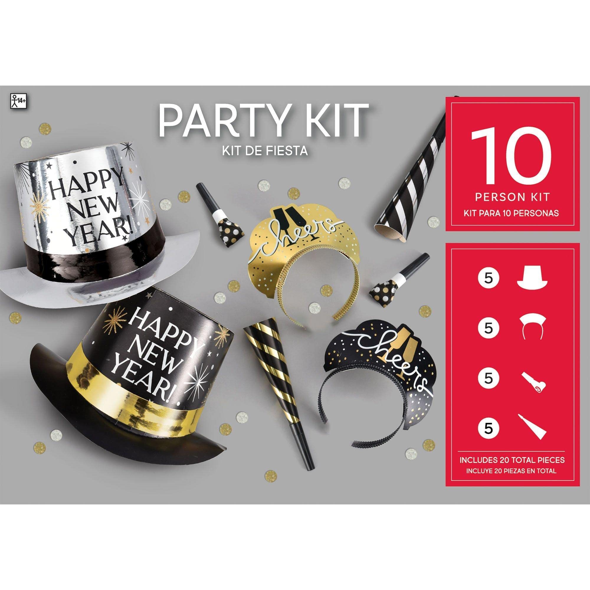 Amscan Party City New Year’s Eve 2025 Wearables and Noisemakers for 10 Guests, Party Supplies, Black, Gold and Silver, 20 Piece