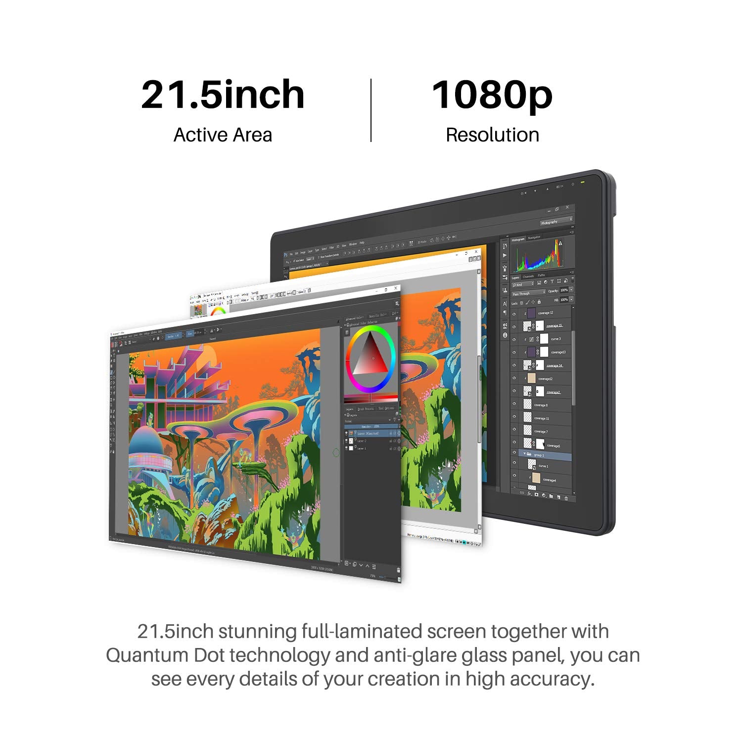 HUION Kamvas 22 Plus QLED Drawing Tablet with Full-Laminated Screen USB-C Connection 140% sRGB Tilt, 21.5 inch Graphics Art Tablet for Artist & Designer, Work with Mac, Windows, Linux & Android Black